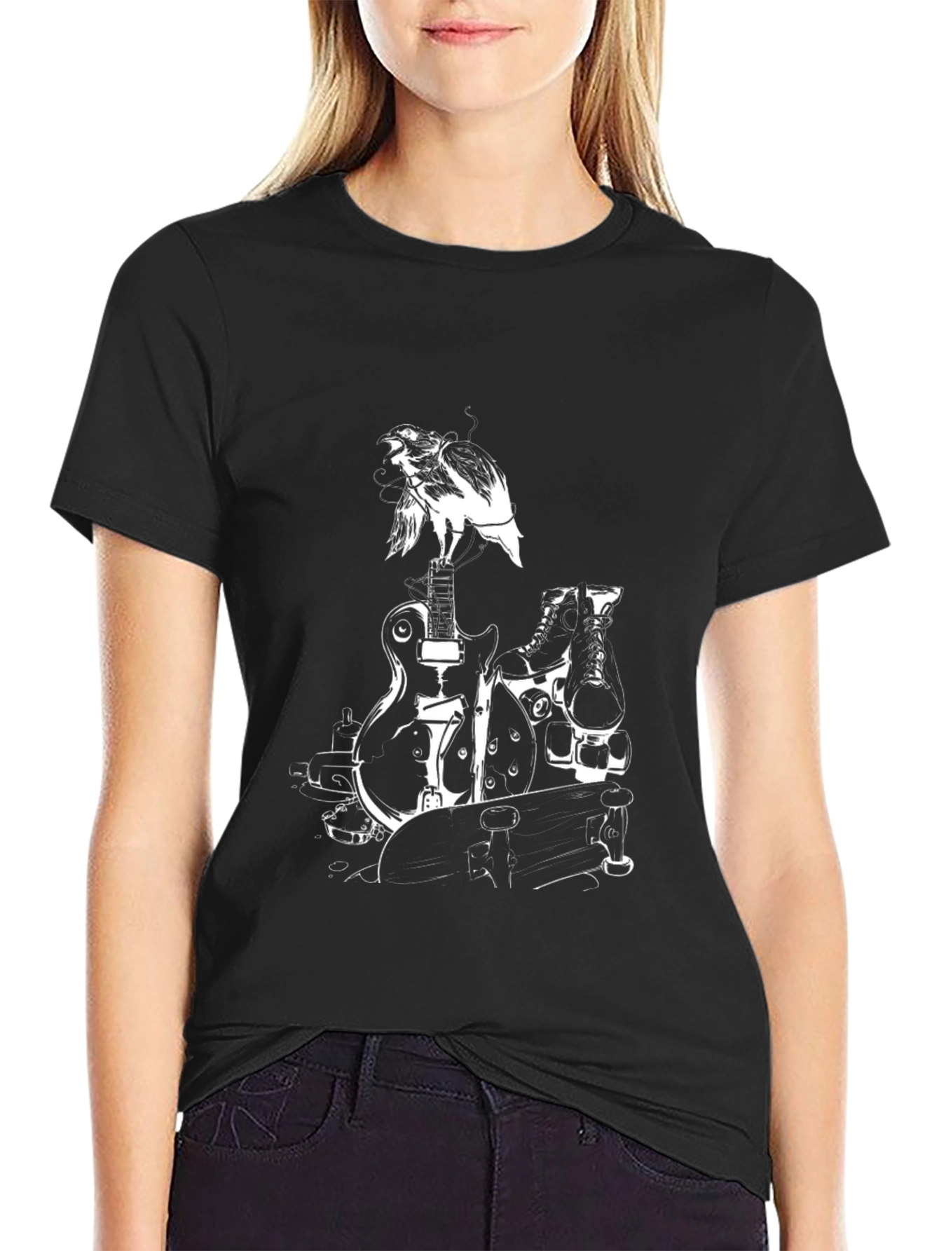 Black Black Graphic Tee: Bird, Guitar, Skates, Skateboard view 2