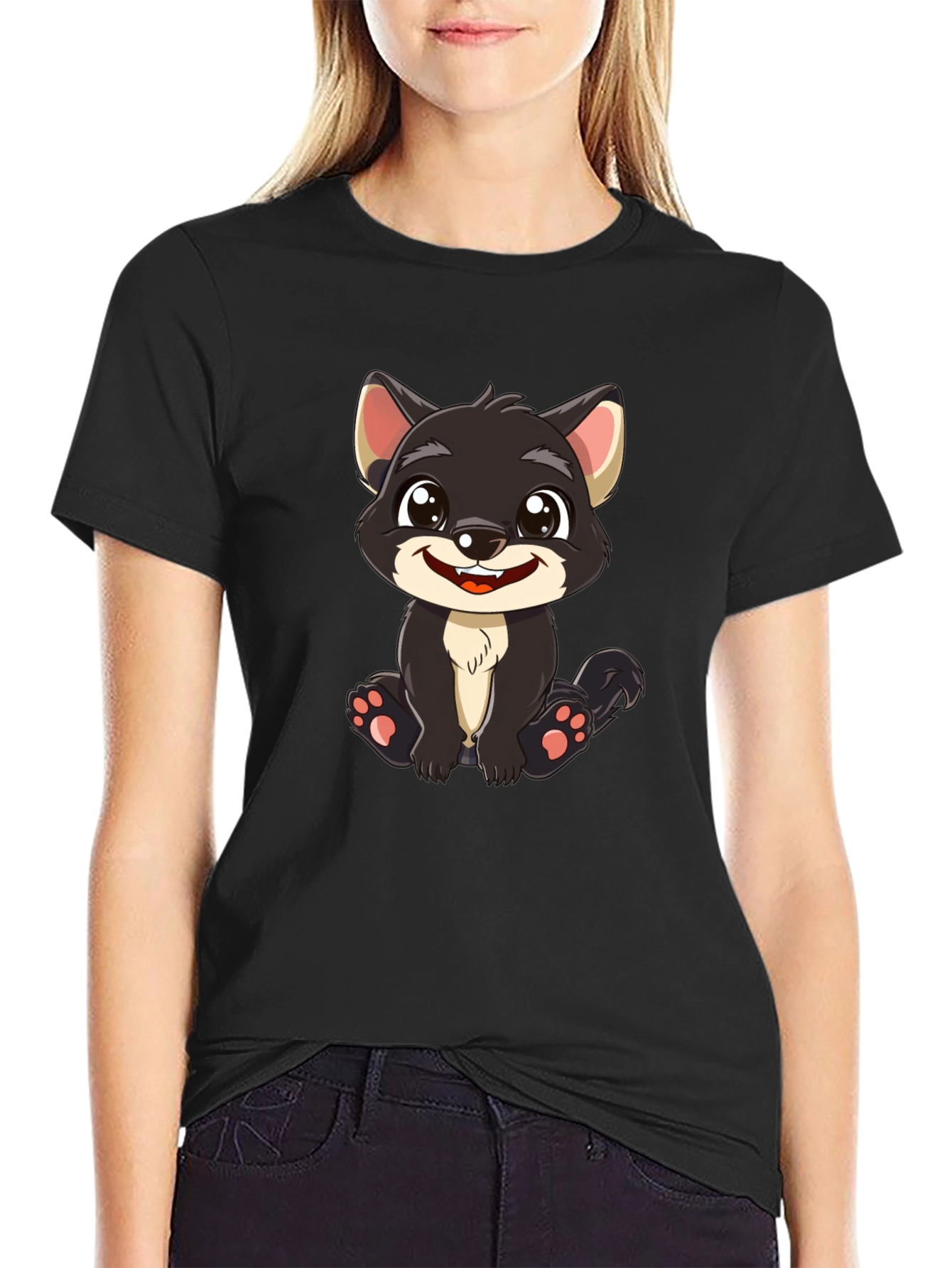 Black Cute Cartoon Wolf Graphic T-Shirt view 2