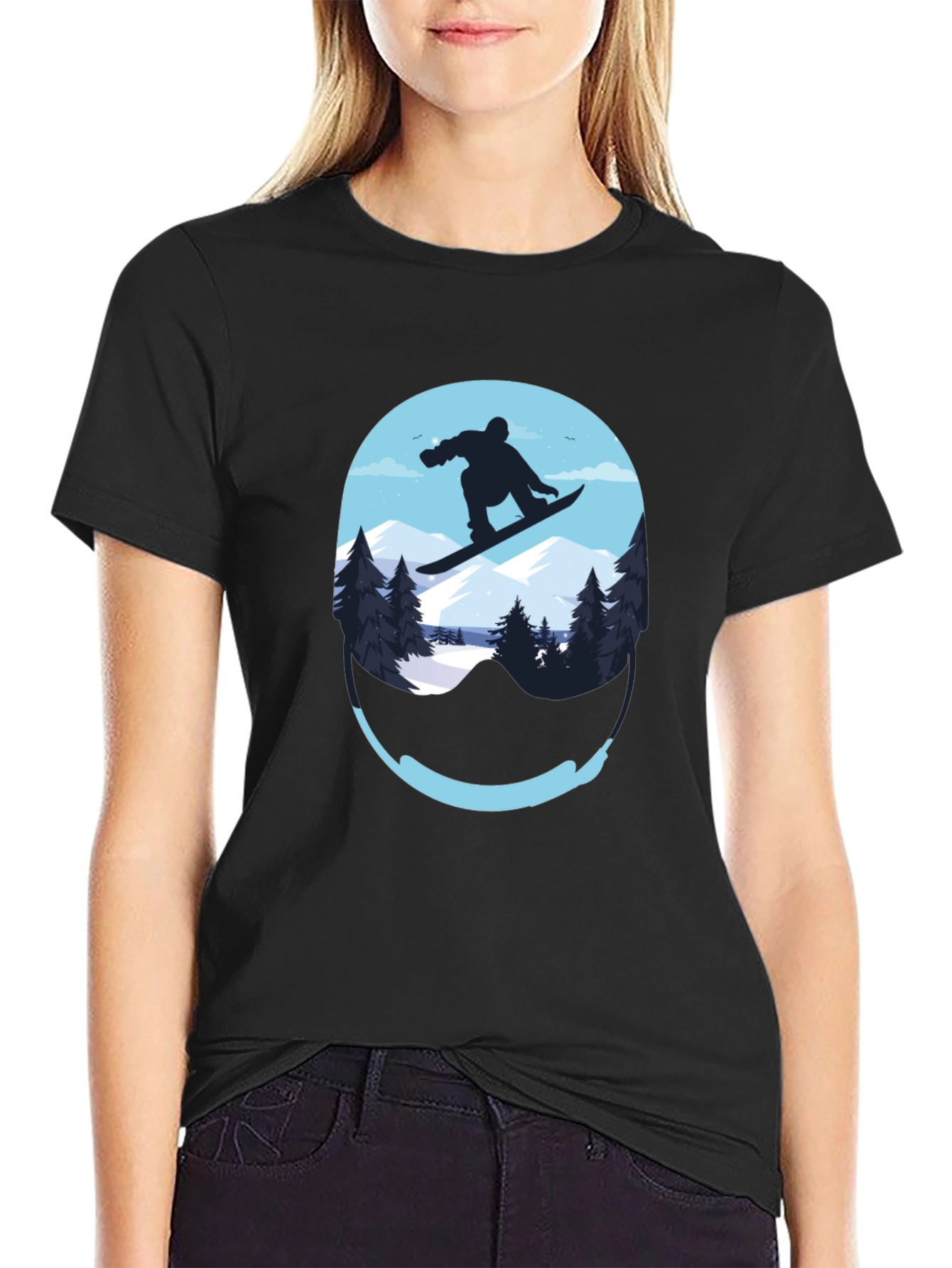 Black Snowboard Graphic Tee - Mountain Scene Black T-Shirt view 2