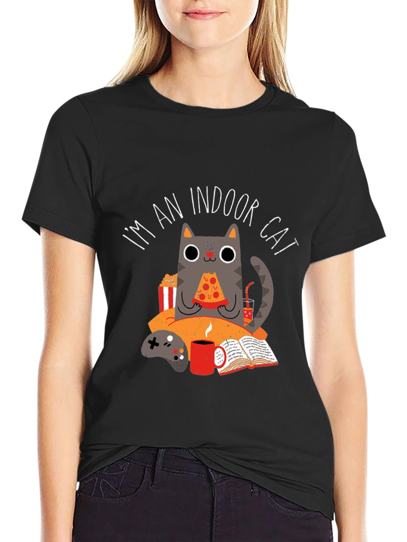 Black Indoor Cat T-Shirt - Gamer & Pizza Lover view 2