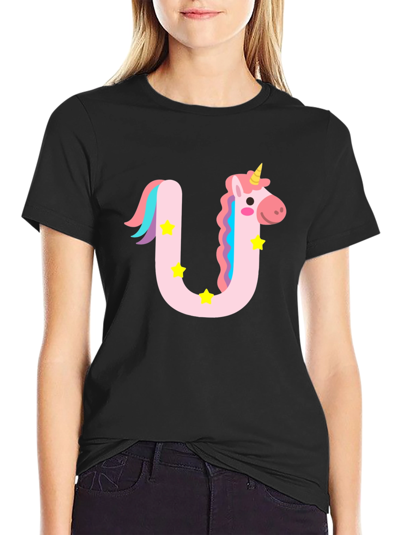 Black Unicorn Letter U Graphic Tee - Kids and Adults view 2