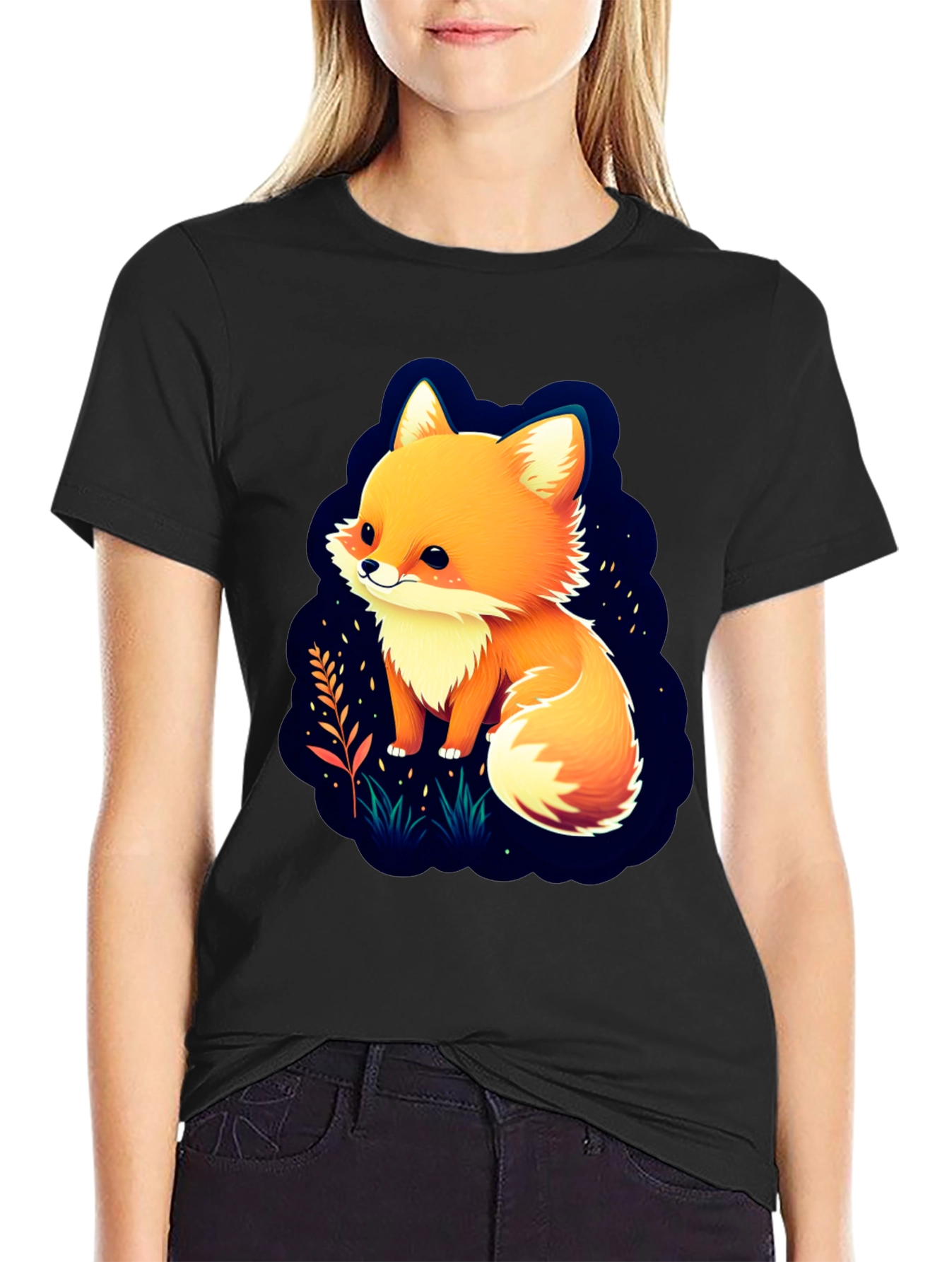 Black Cute Fox Graphic Tee - Soft Cotton Blend view 2