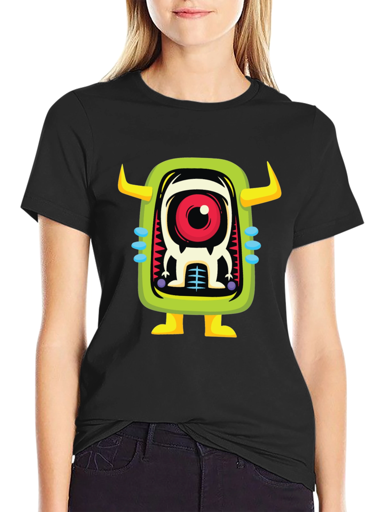 Black Cartoon Monster Graphic Print Black T-Shirt view 2
