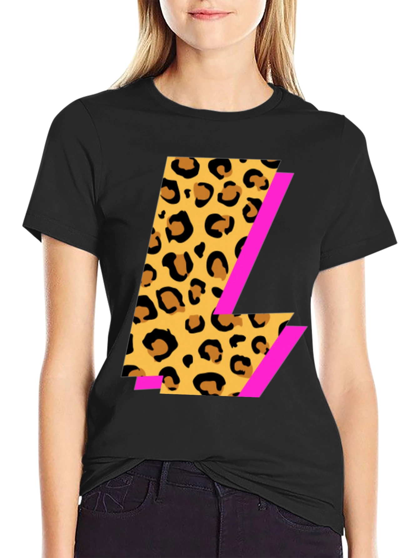 Black Leopard Print L Graphic Black T-Shirt view 2