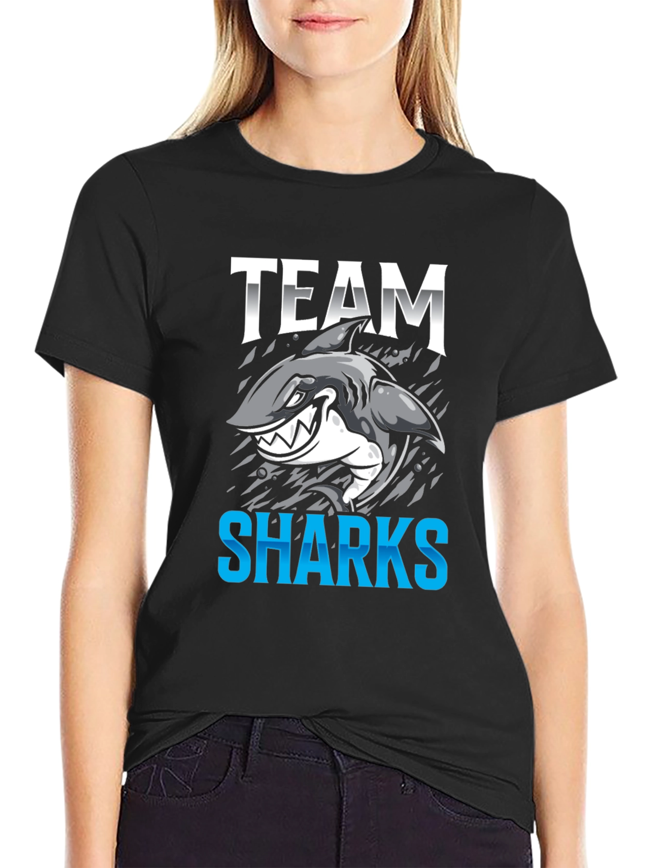 Black Team Sharks Graphic T-Shirt - Black Cotton Tee view 2