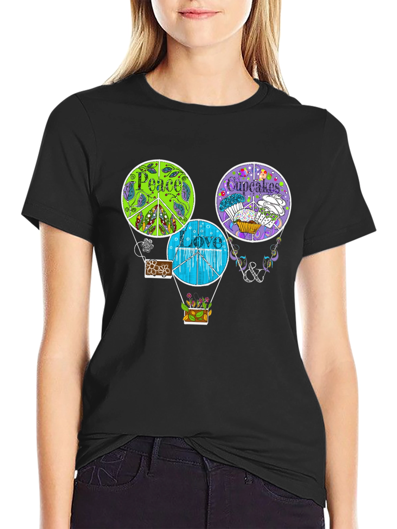 Black Peace Love Cupcakes Graphic T-Shirt - Unique Design view 2