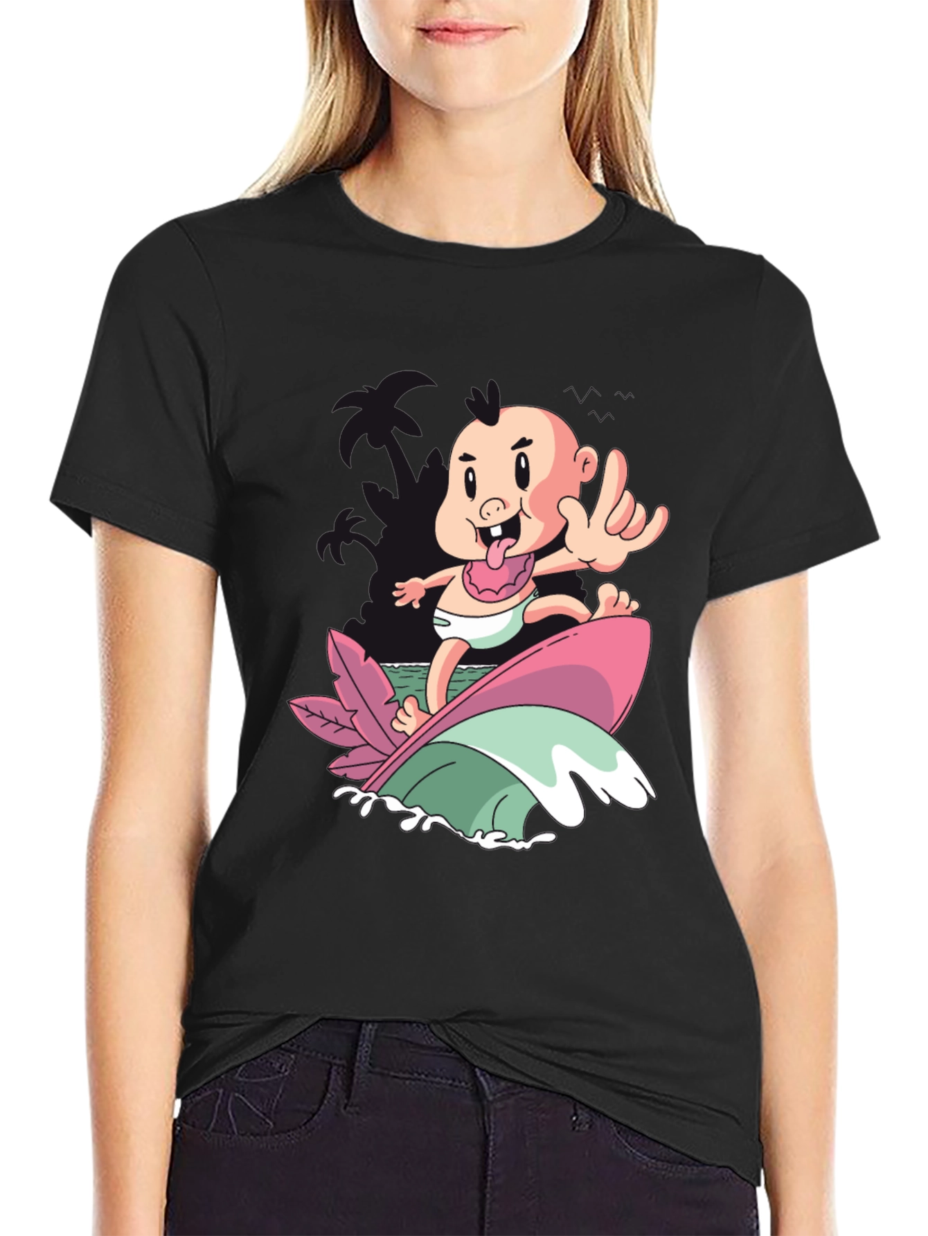 Black Surfing Baby Graphic T-Shirt - Cool Cartoon Tee view 2