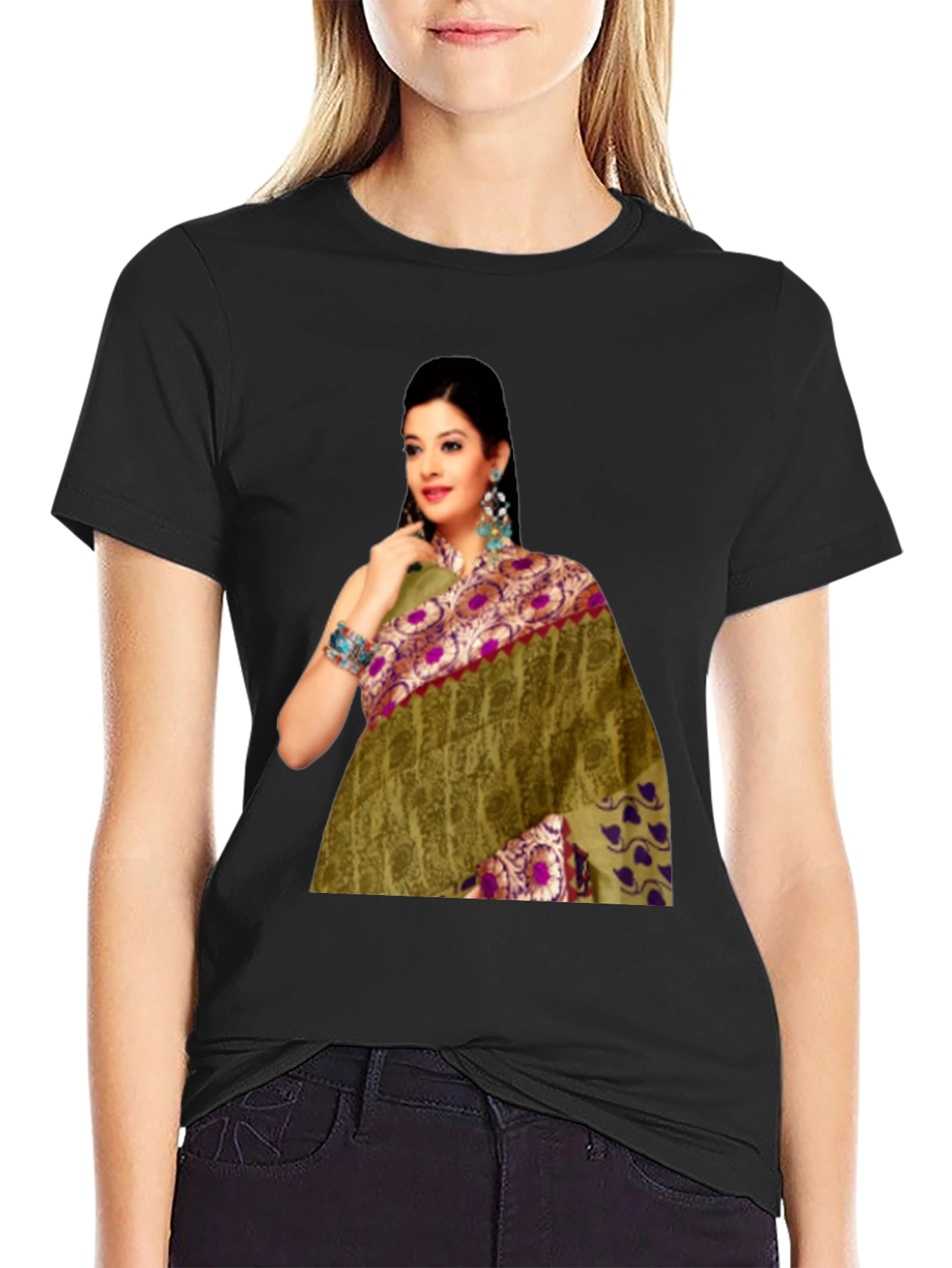 Black Black T-Shirt with Saree Print view 2