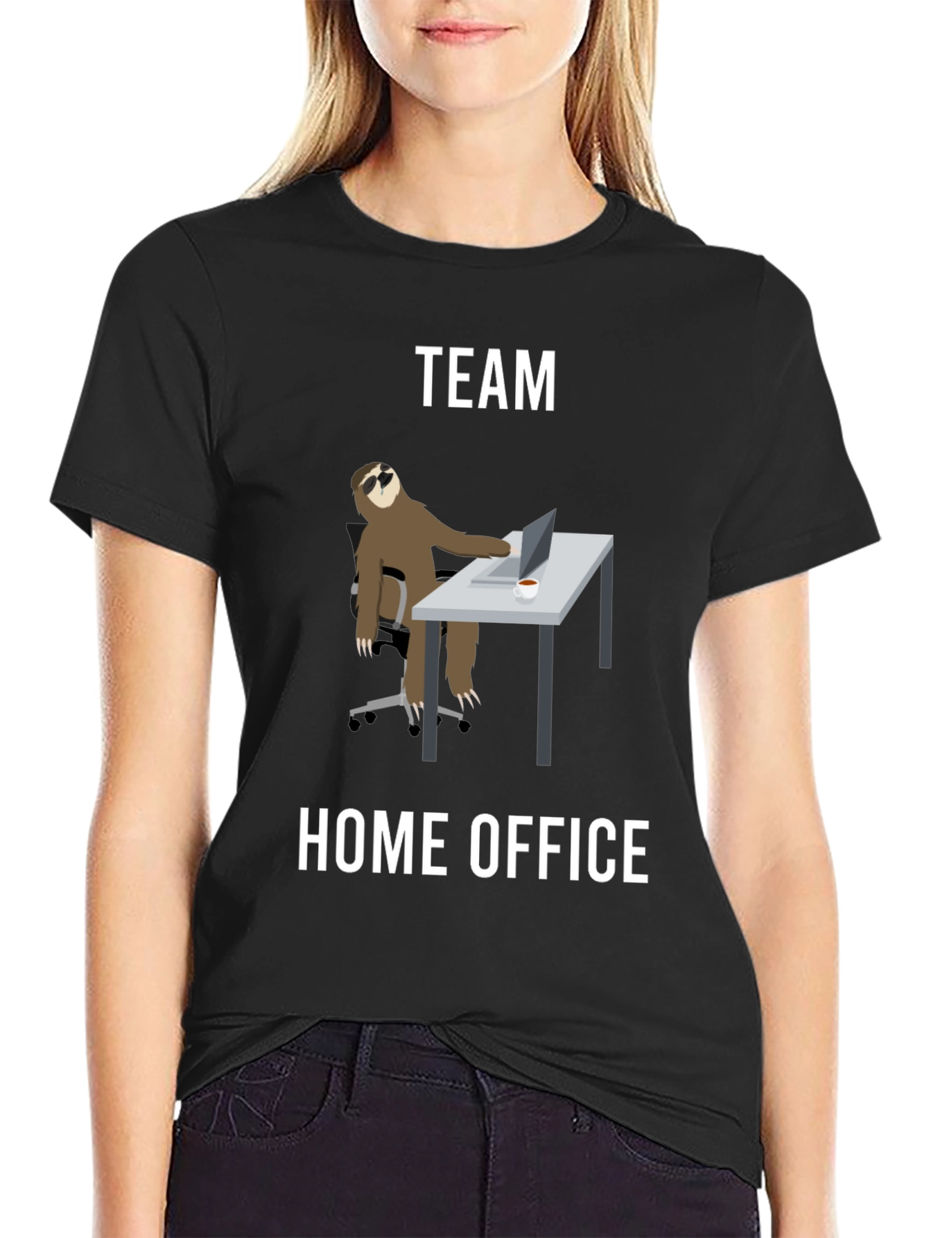 Black Team Home Office Sloth T-Shirt - Funny Work From Home Tee view 2