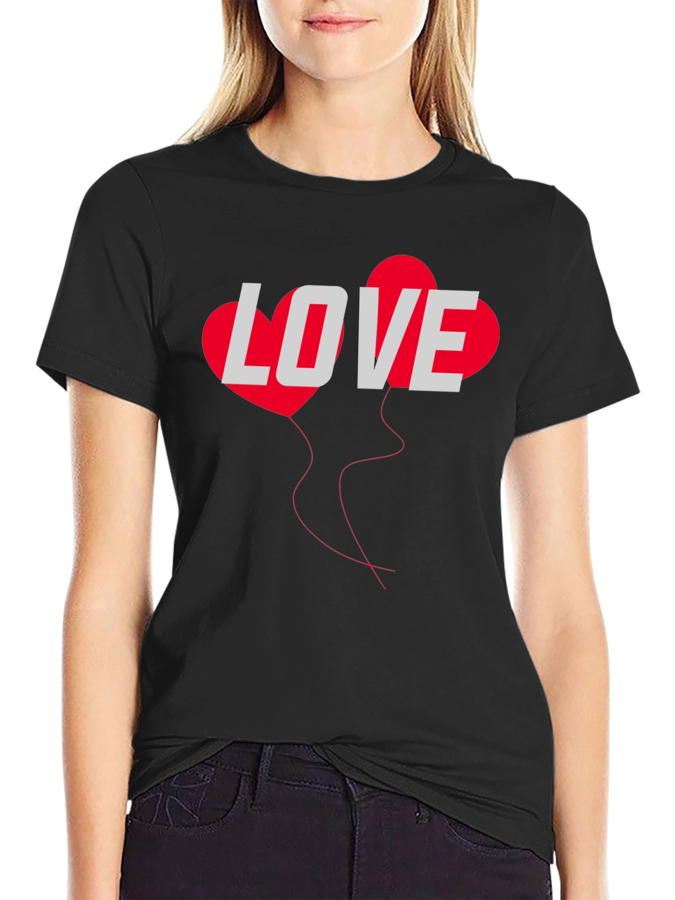 Black Love Heart Balloon Graphic Tee - Black Casual T-Shirt view 2