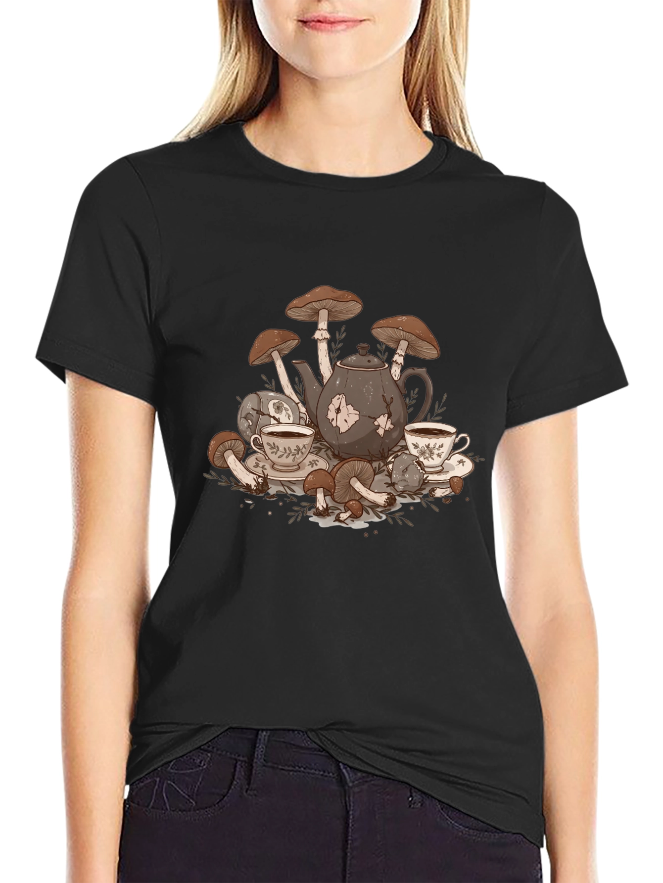 Black Mushroom Tea Party Graphic T-Shirt view 2