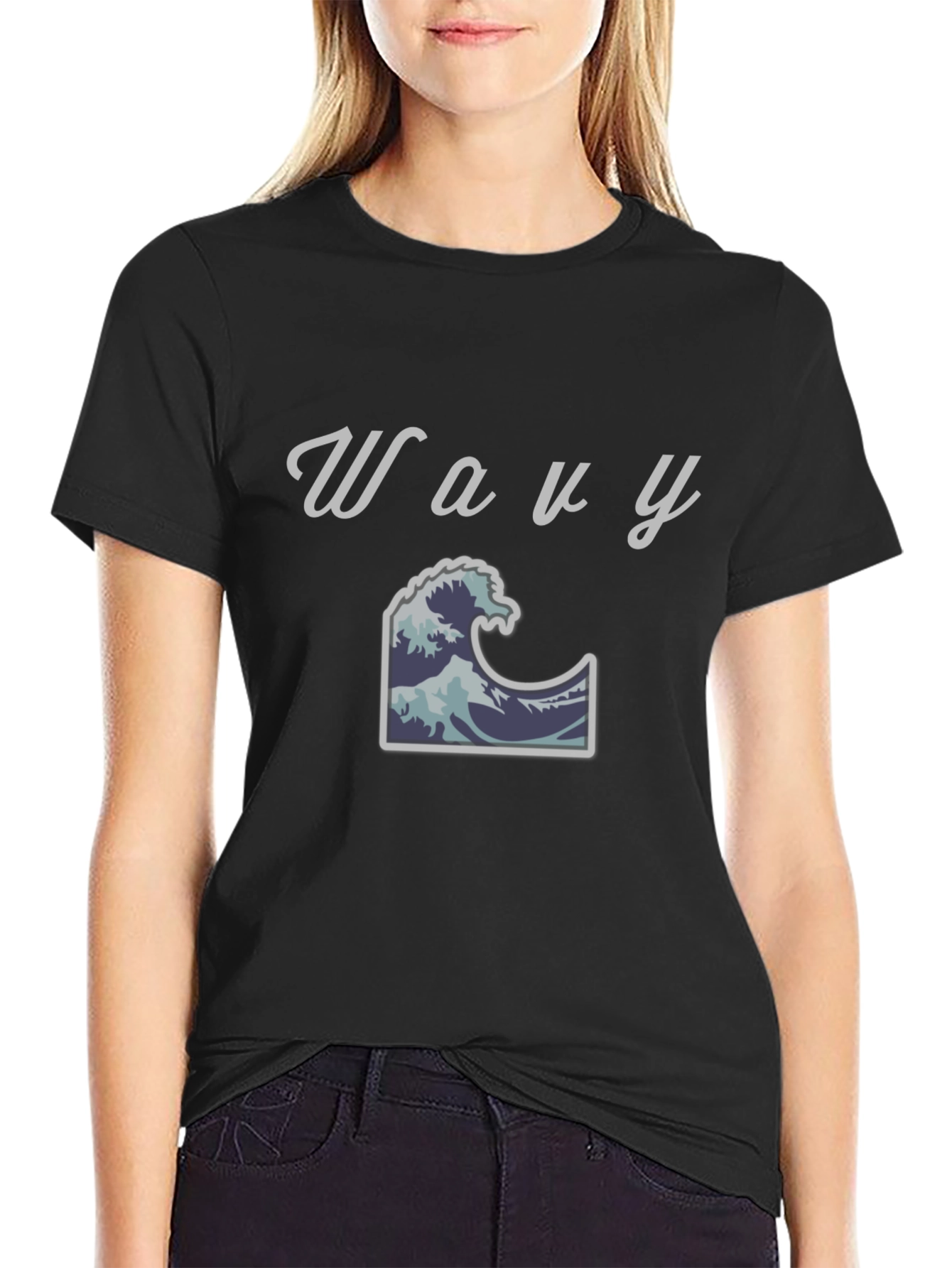 Black Wavy Wave T-Shirt - Black Cotton Tee view 2