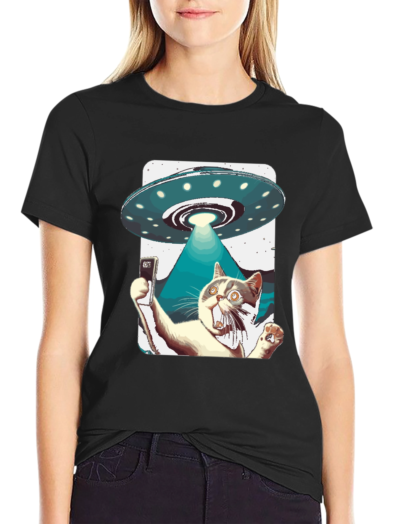 Black Alien Abduction Cat Selfie T-Shirt view 2