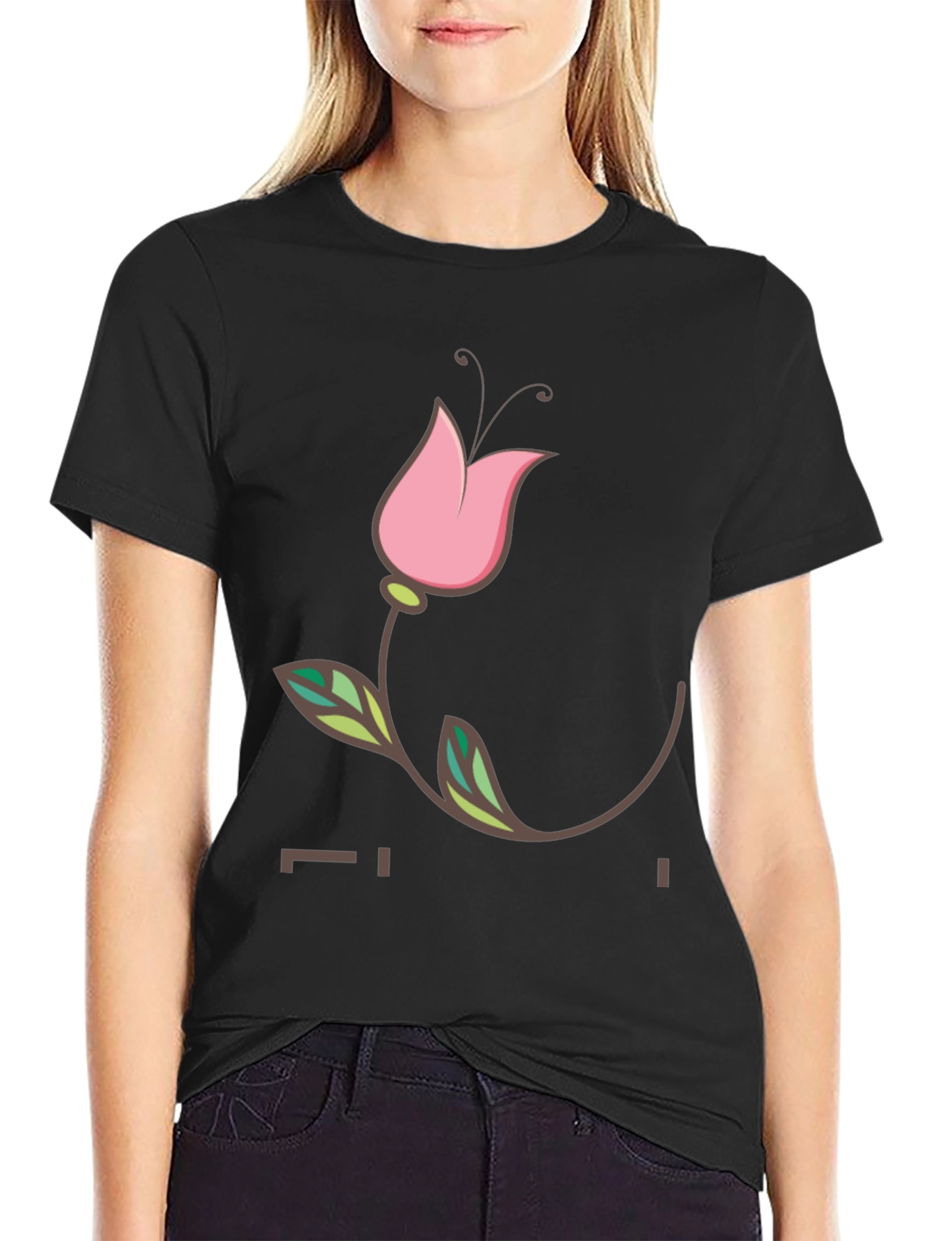 Black Black T-Shirt with Floral Tulip Graphic view 2