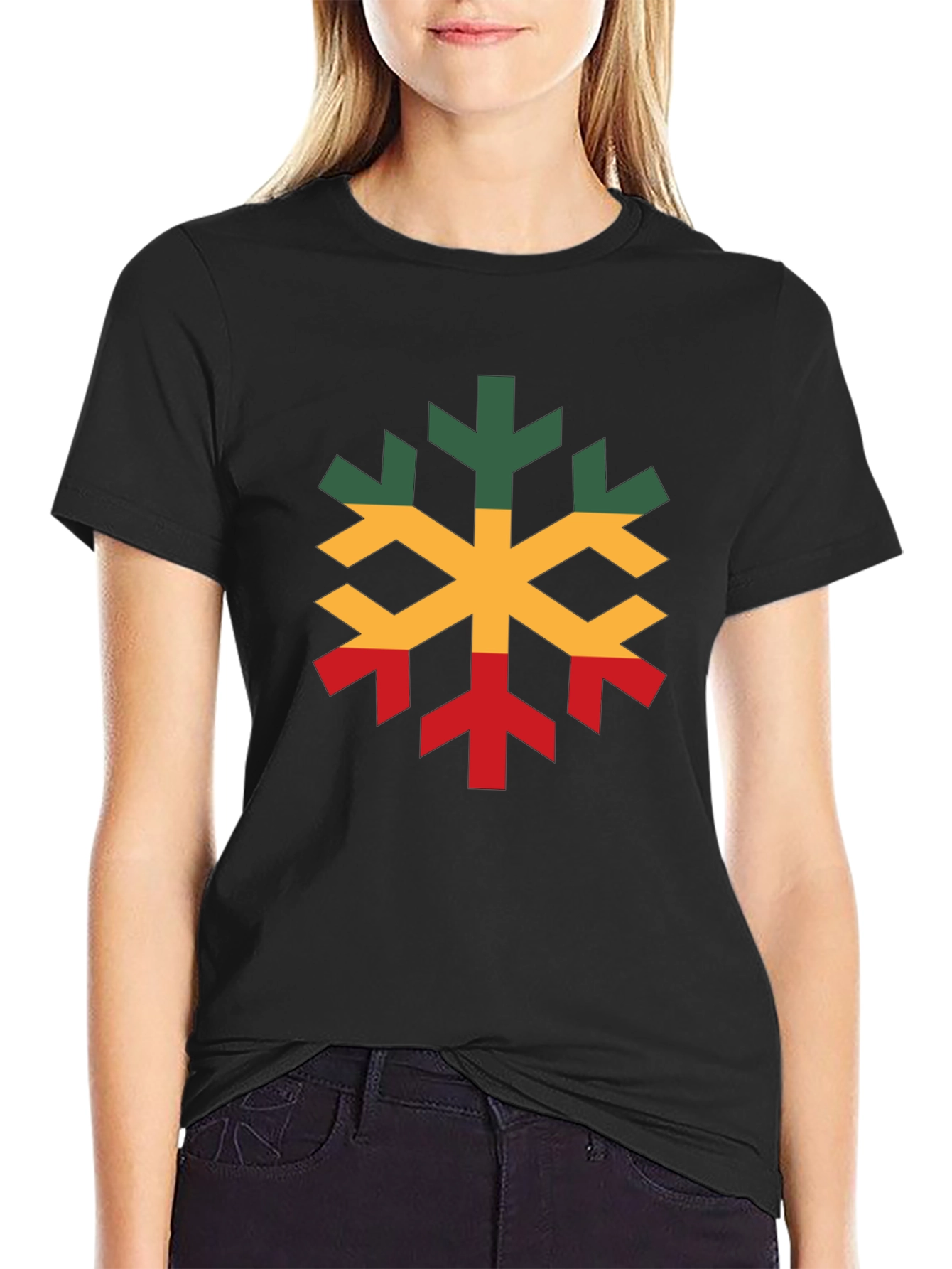 Black Rasta Snowflake Graphic T-Shirt - Cotton Blend, Short Sleeve view 2