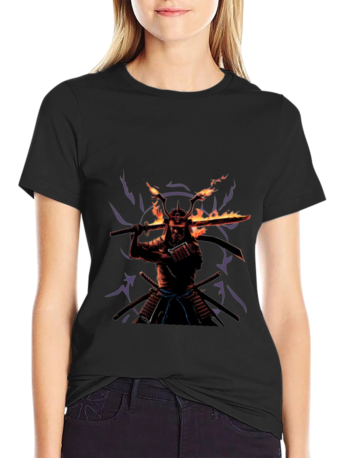 Black Samurai Fire Sword Graphic Tee - Black Cotton view 2