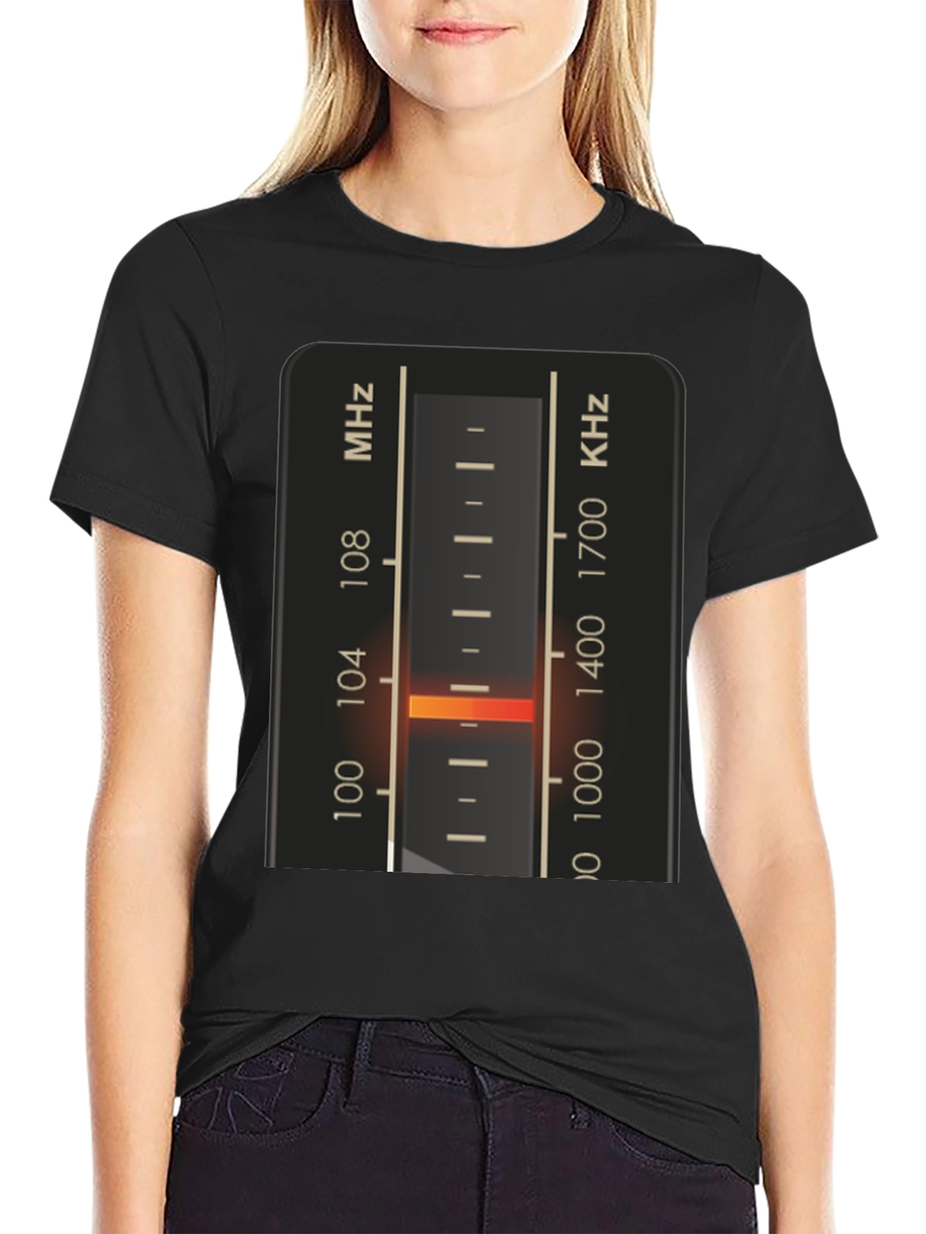Black T-Shirt with Vintage Radio Tuning Dial Design view 2