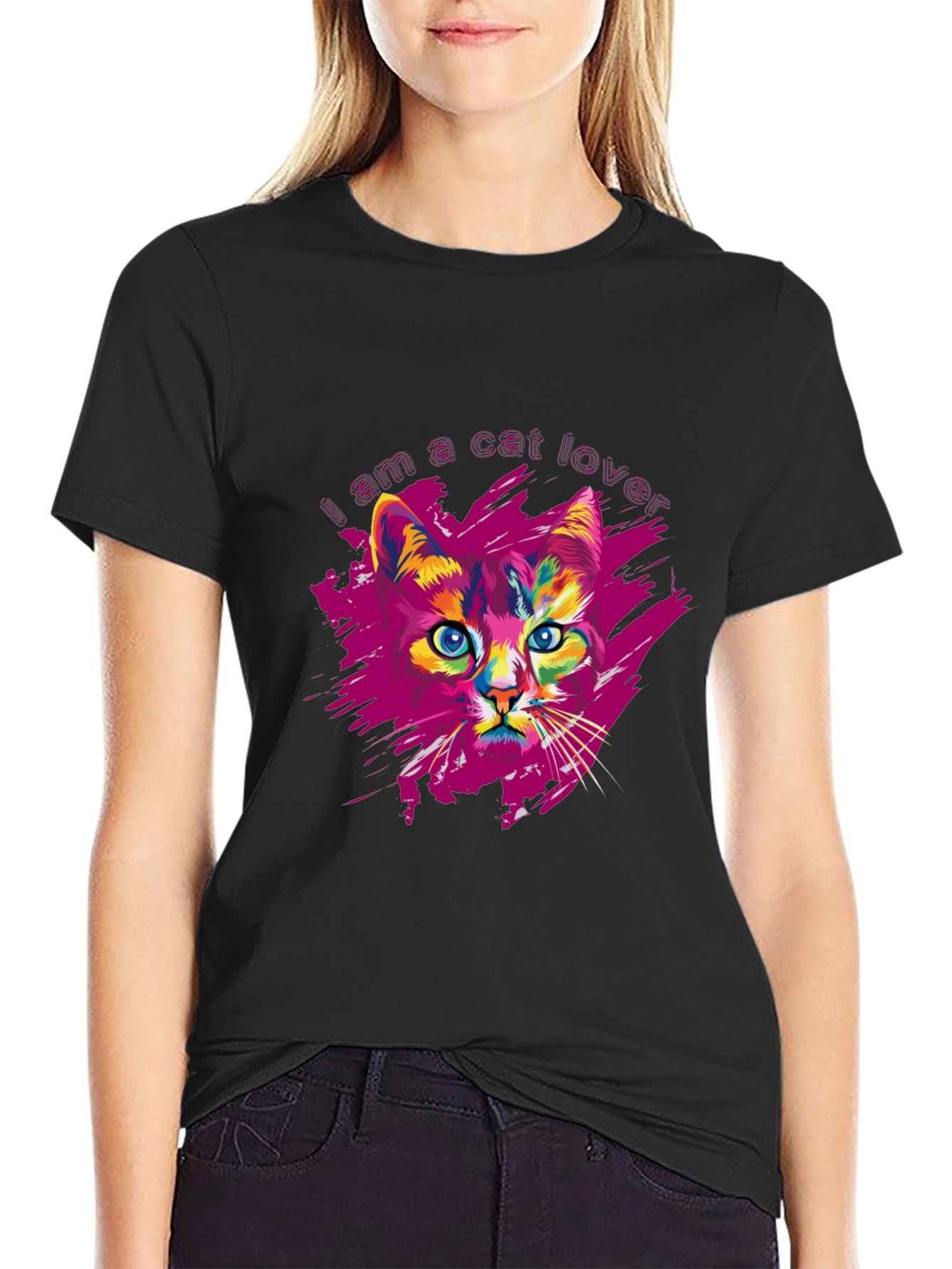 Black Vibrant Cat Lover Graphic Print Black T-Shirt view 2