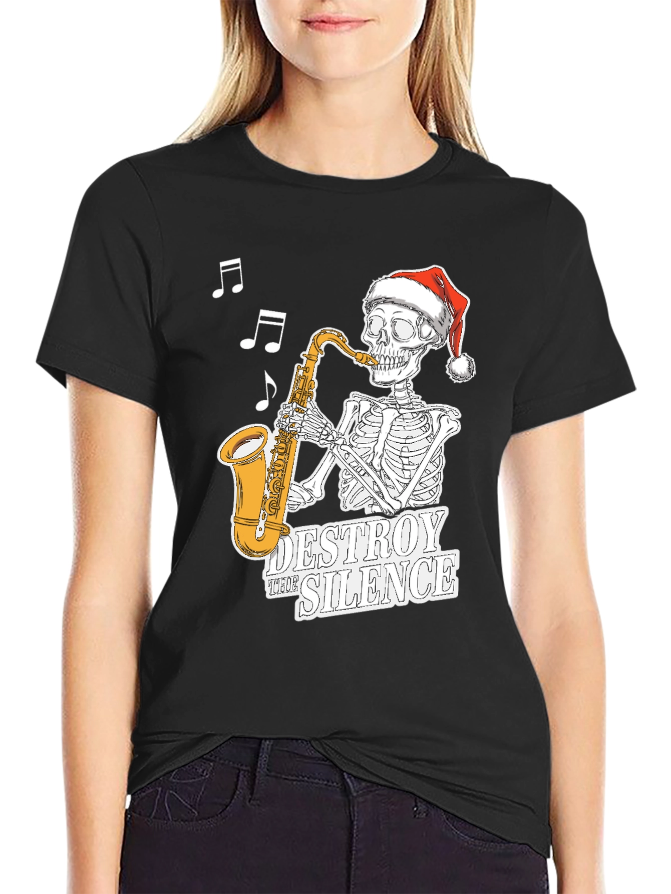 Black Skeleton Santa Saxophone T-Shirt - Destroy the Silence Tee view 2