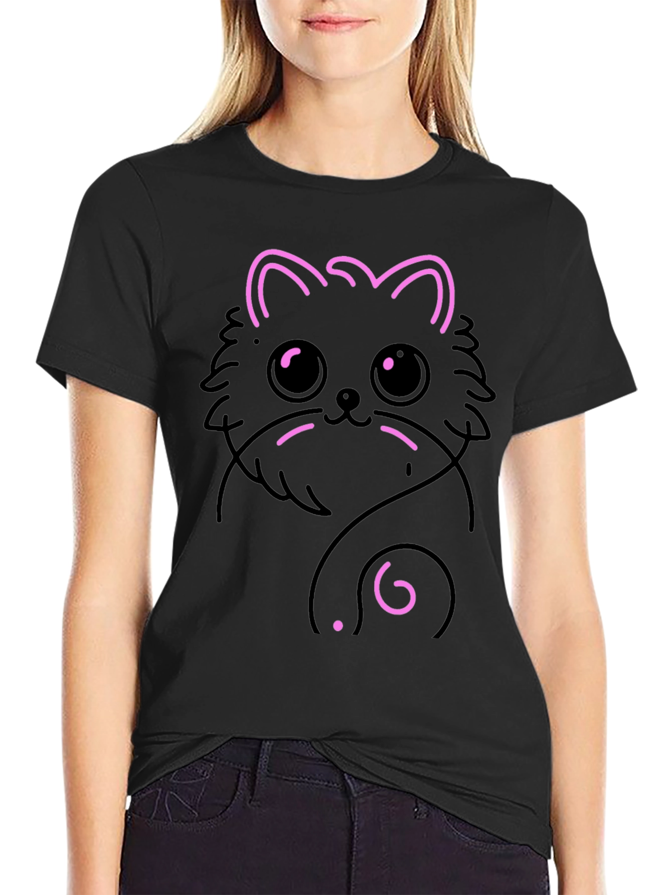 Black Cute Cat Graphic T-Shirt - Black view 2