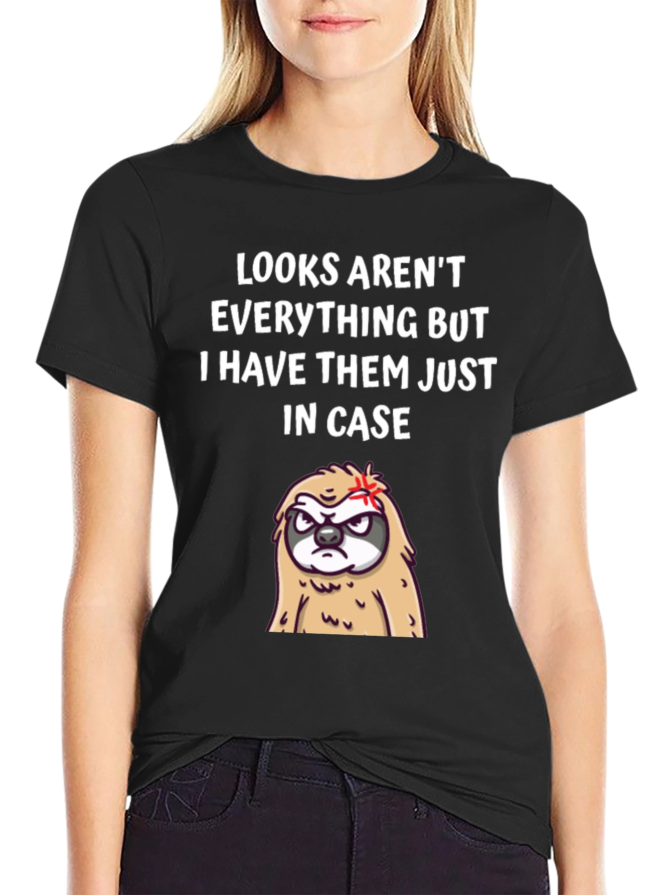 Black Funny Sloth Graphic Tee - Looks Aren't Everything T-Shirt view 2
