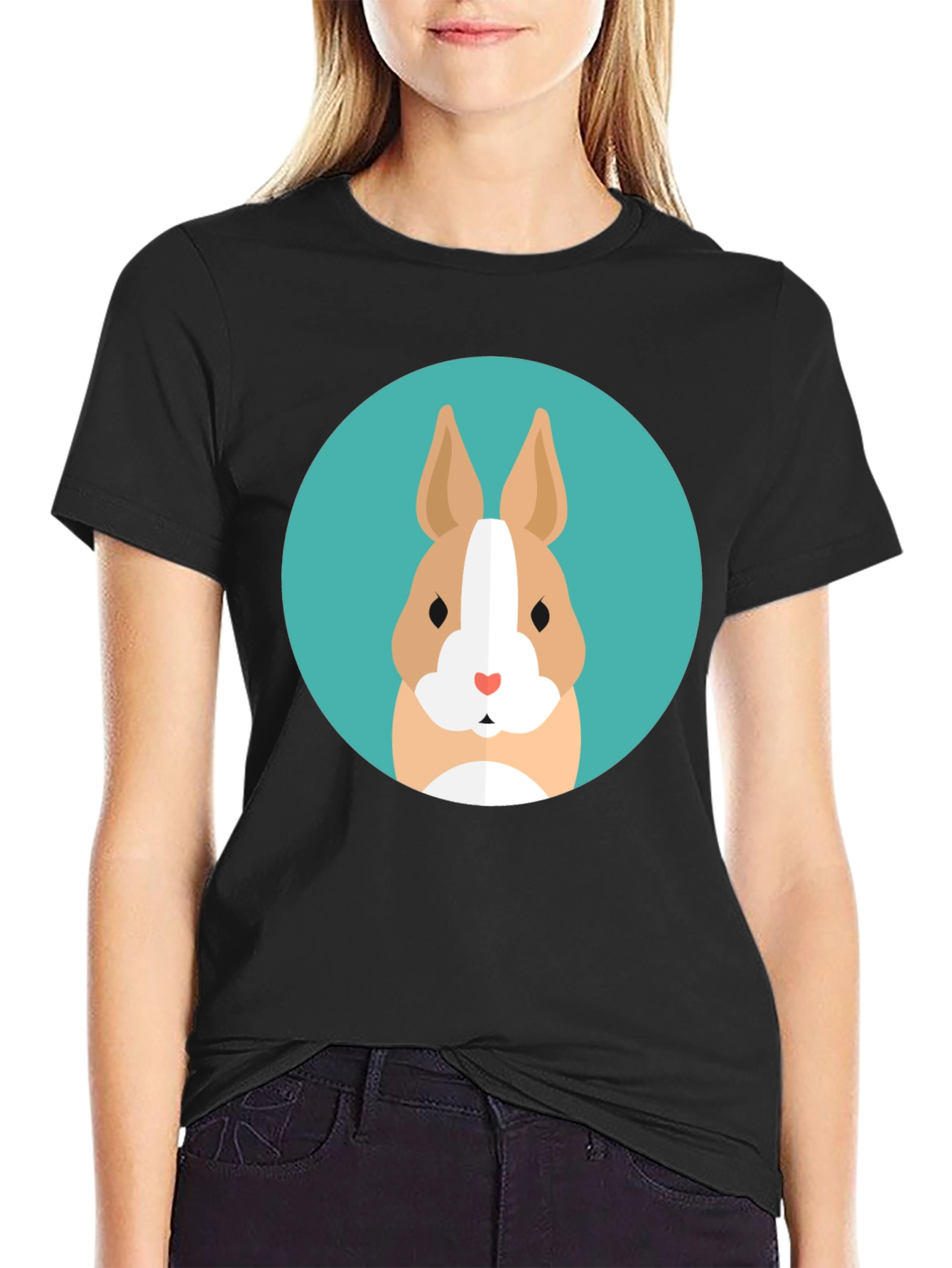 Black Cute Bunny Graphic Tee - Soft Black Cotton T-Shirt view 2