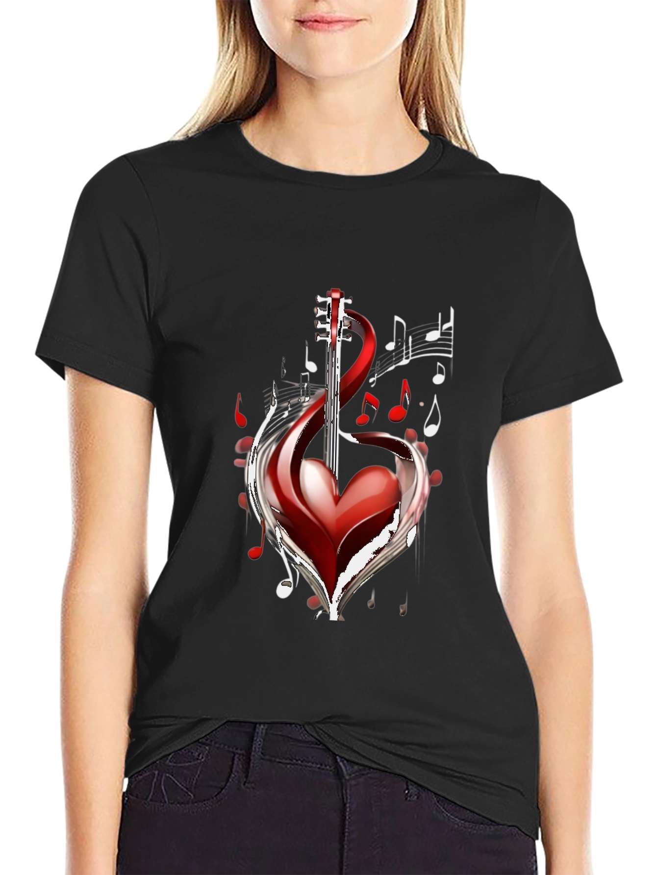 Black Musical Heart Guitar Black T-Shirt view 2
