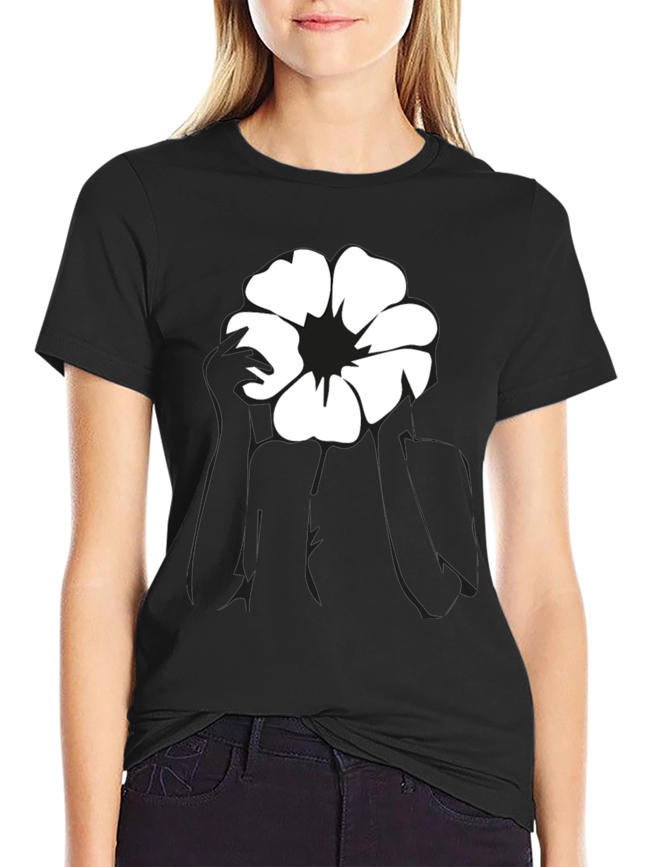 Black Black T-Shirt with Flower Graphic view 2