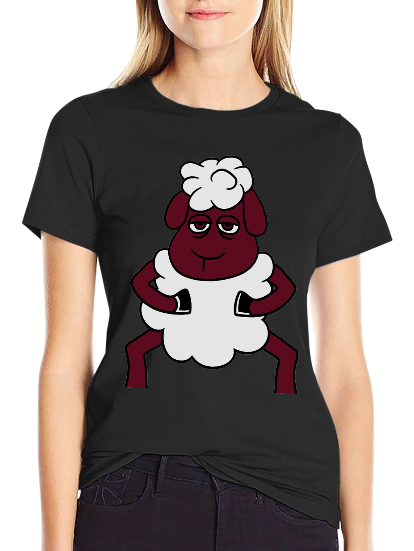 Black Funny Sheep Cartoon Graphic Black T-Shirt view 2