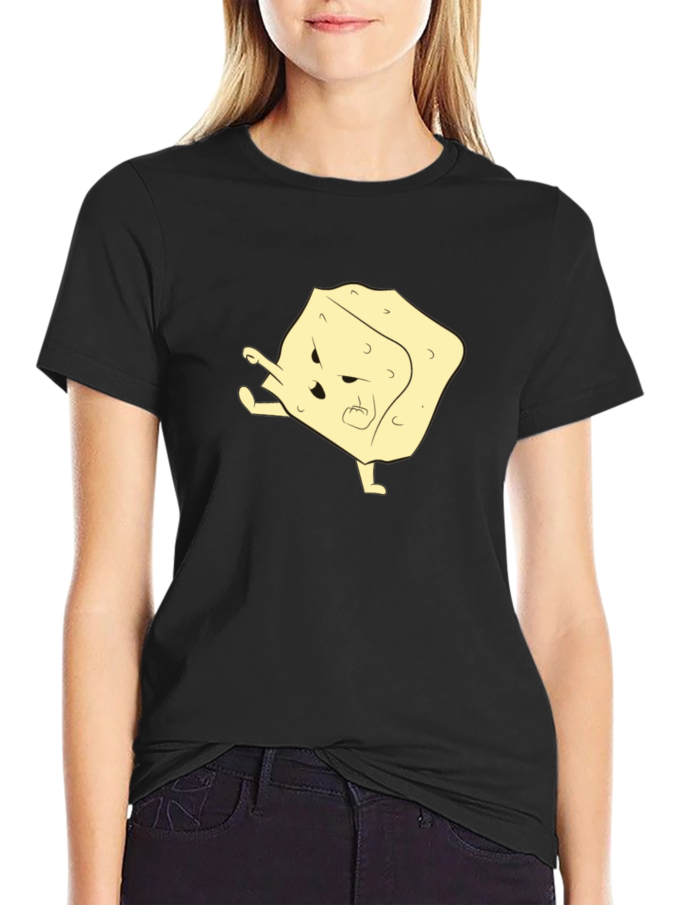 Black Funny Cartoon Tofu T-Shirt - Black view 2