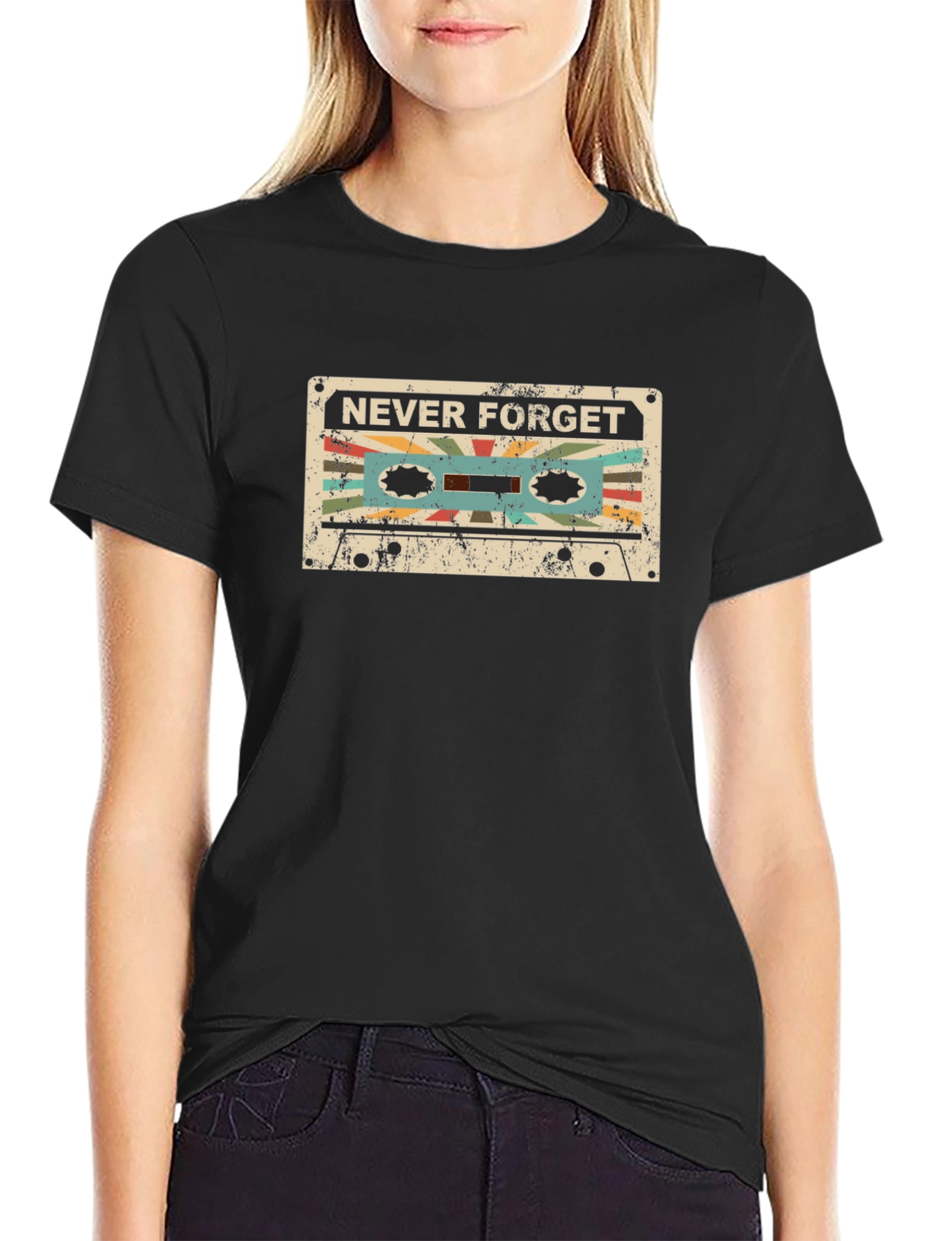 Black Retro Cassette Tape 'Never Forget' Graphic T-Shirt view 2