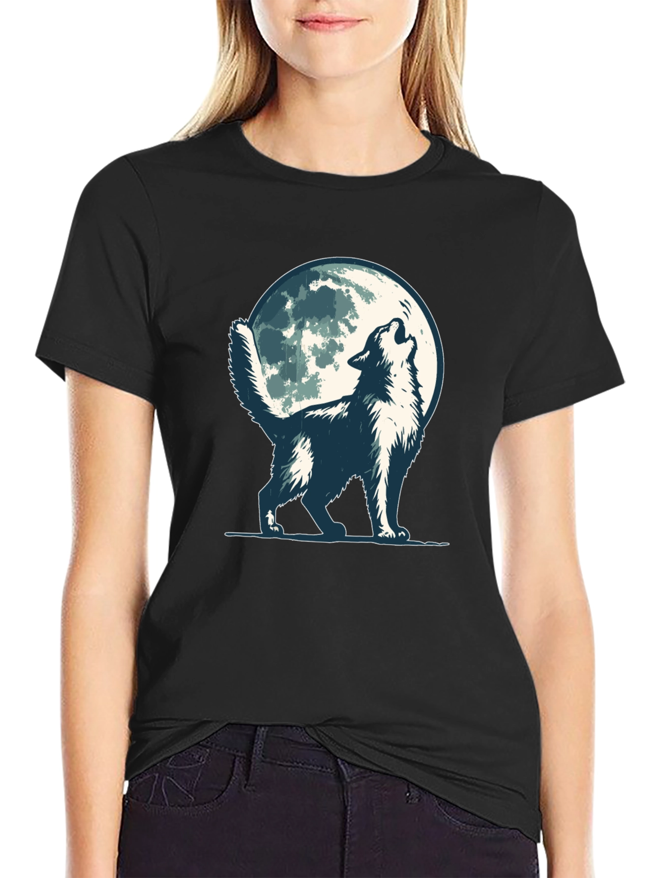 Black Wolf Howling at Moon Graphic Tee - Black Cotton Blend view 2