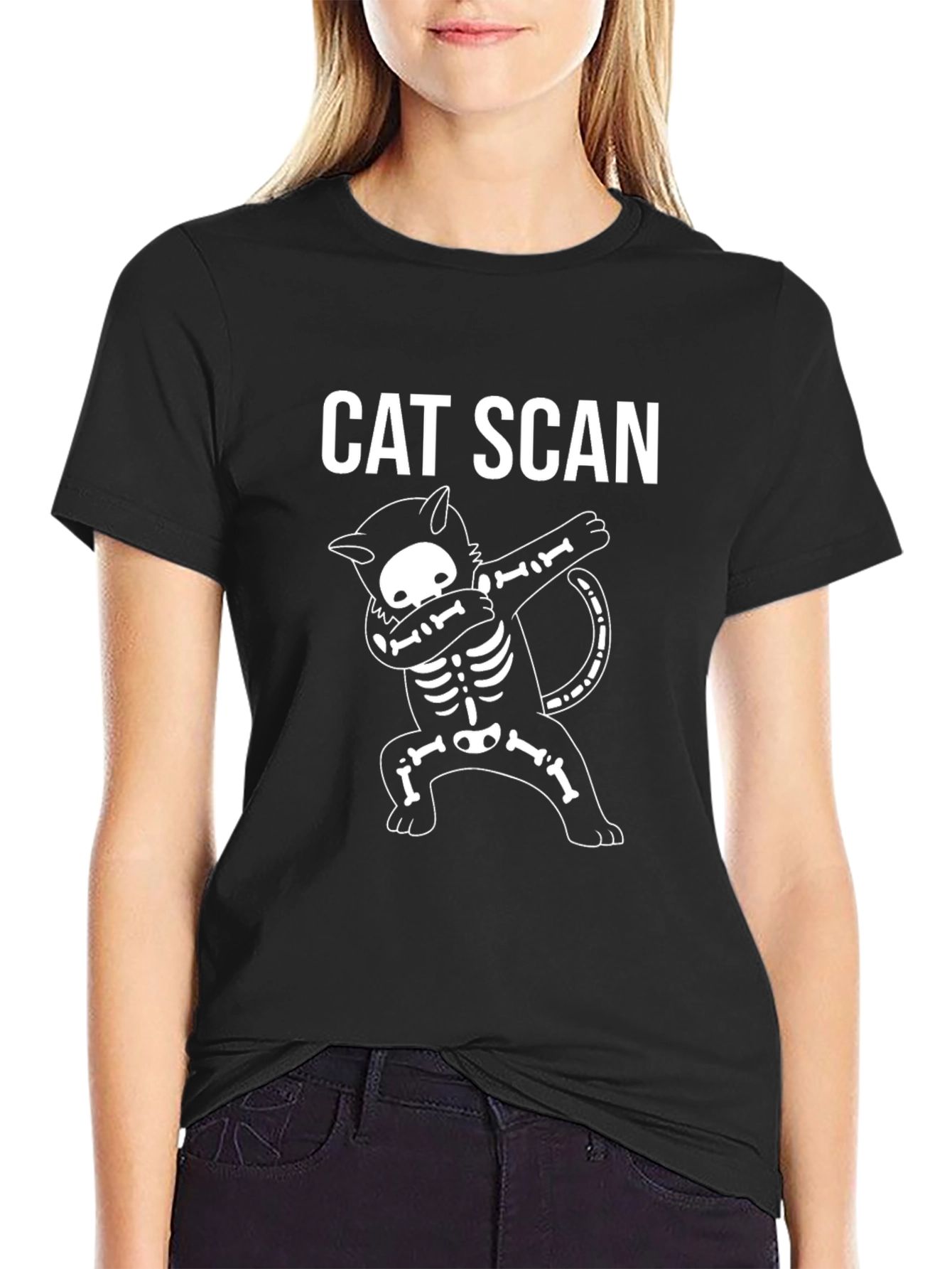 Black Cat Scan Skeleton Dabbing T-Shirt - Halloween view 2