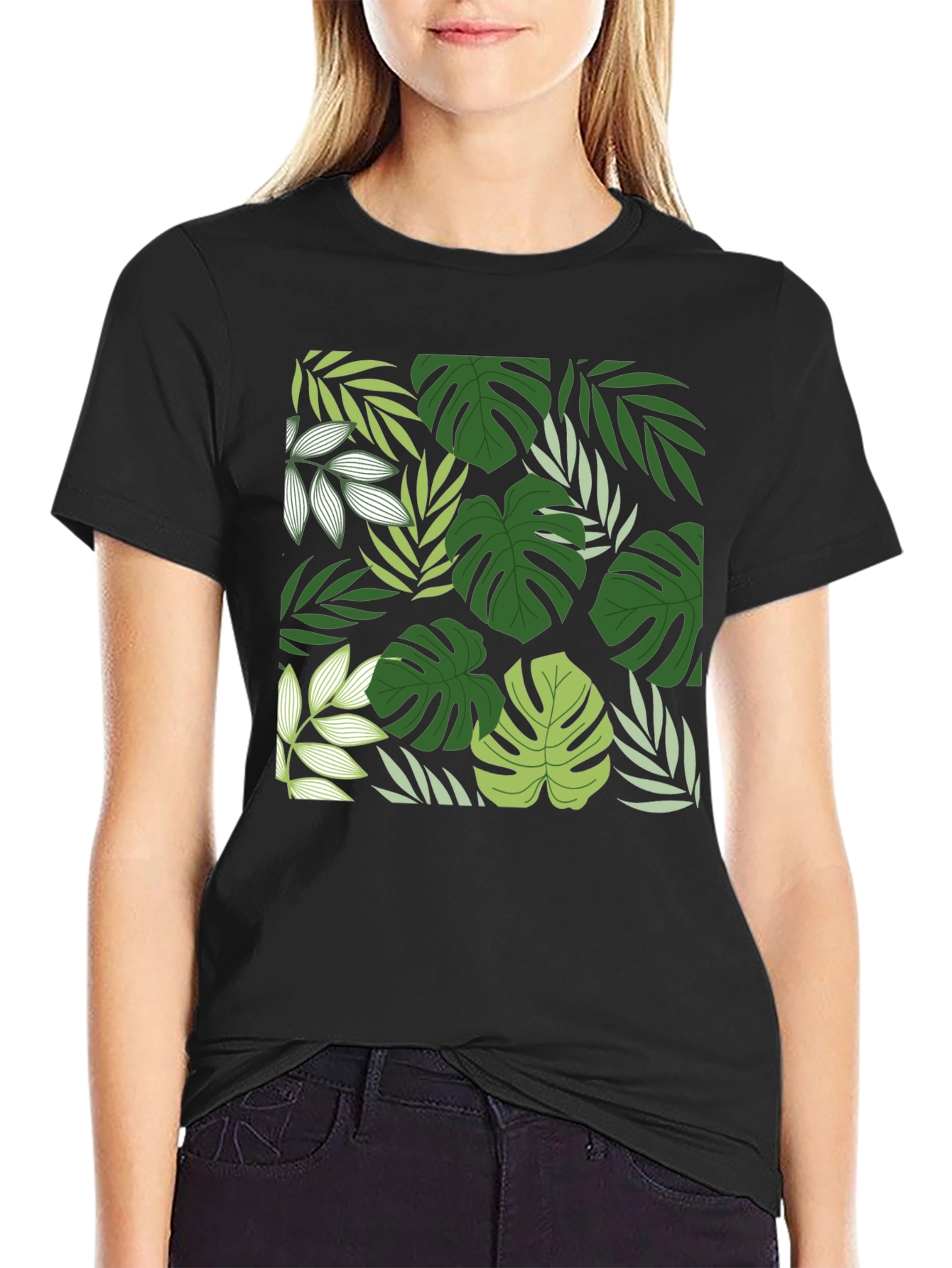 Tropical Leaf Print Black T-Shirt - 2