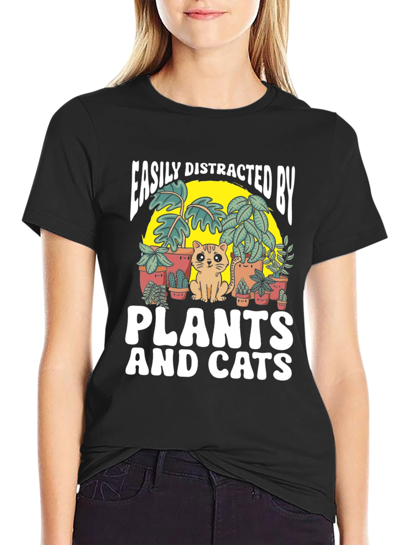 Black Easily Distracted by Plants and Cats T-Shirt view 2