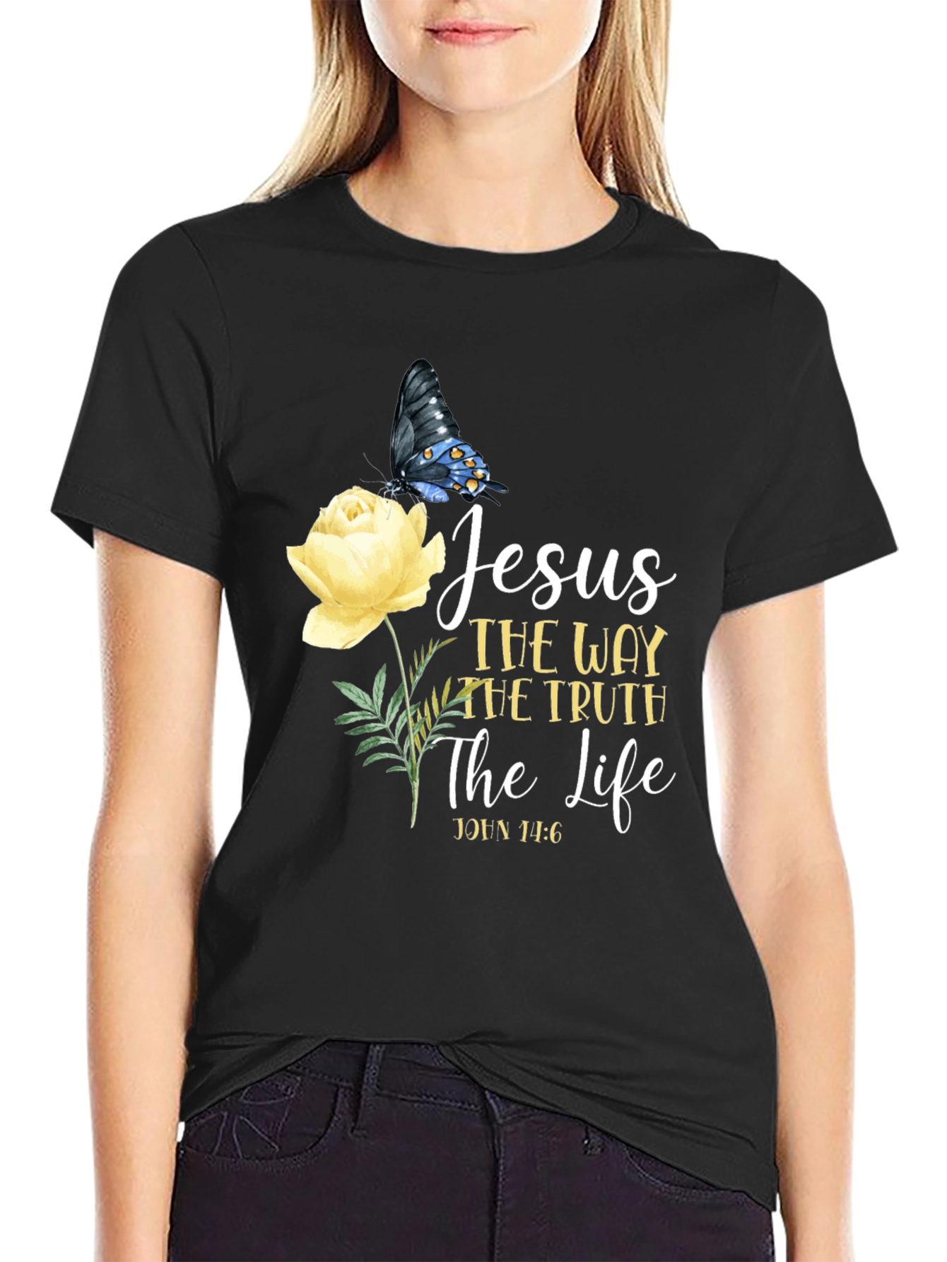 Black Jesus Way Truth Life T-Shirt Butterfly Rose Graphic view 2