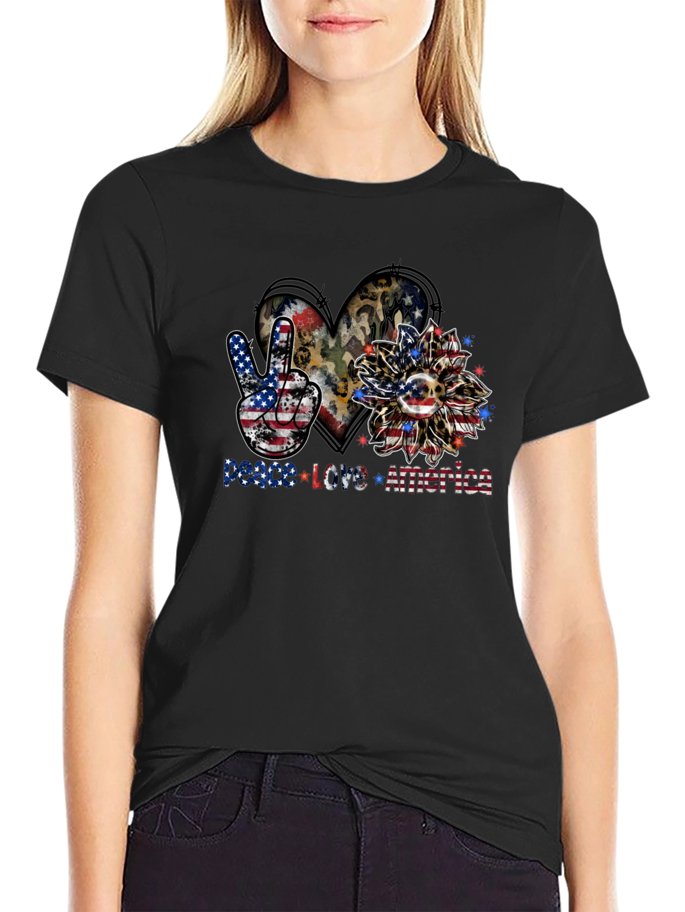 Black Patriotic Peace Love America Graphic T-Shirt view 2