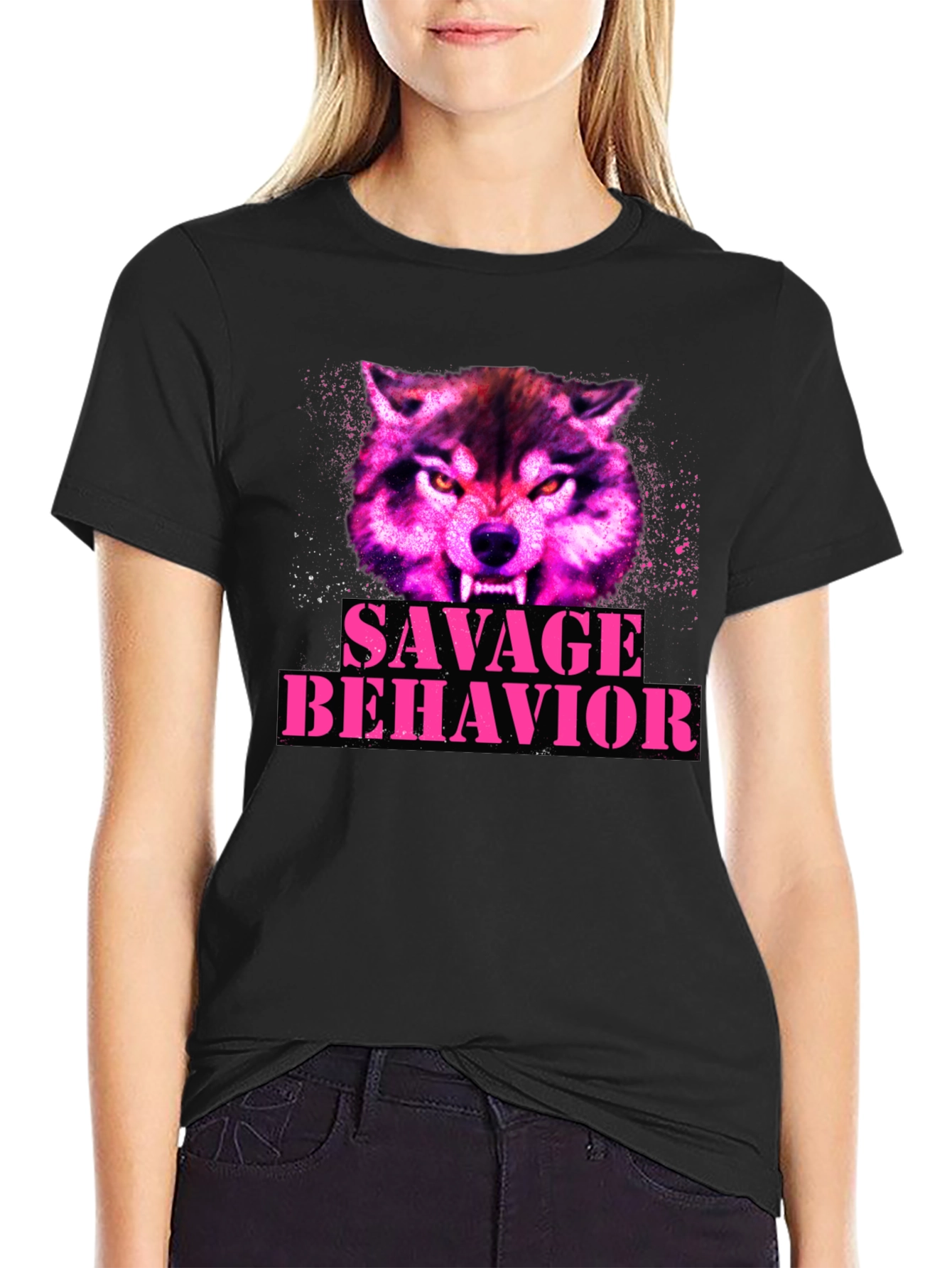 Black Savage Behavior Wolf Graphic T-Shirt view 2