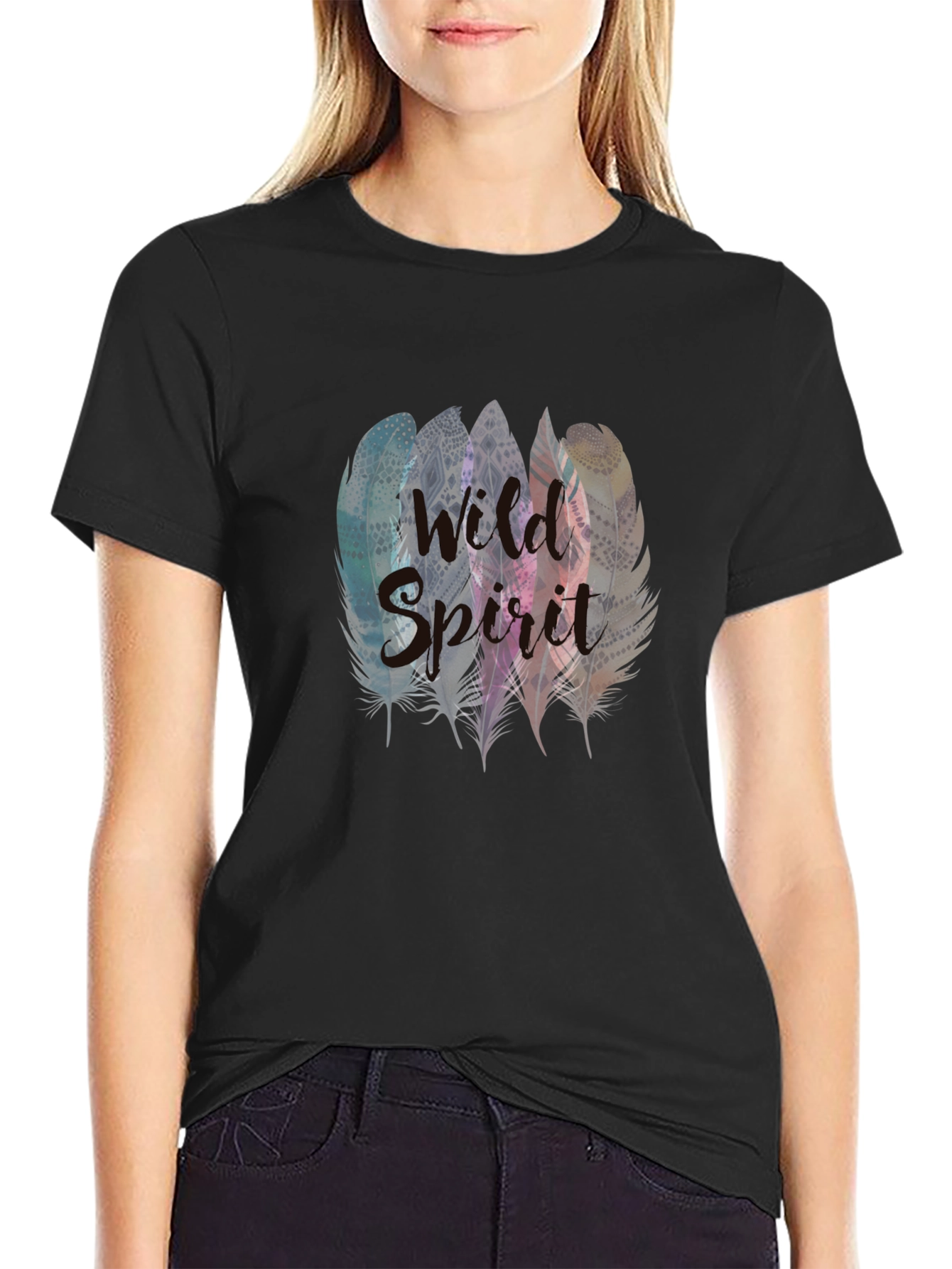 Black Wild Spirit Feather Graphic Tee - Stylish Comfort view 2