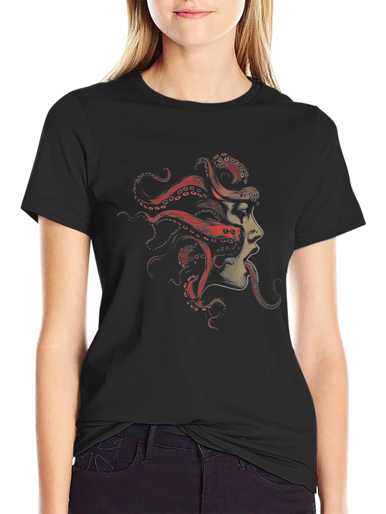Black Octopus Woman Graphic Tee - Black Cotton T-Shirt view 2