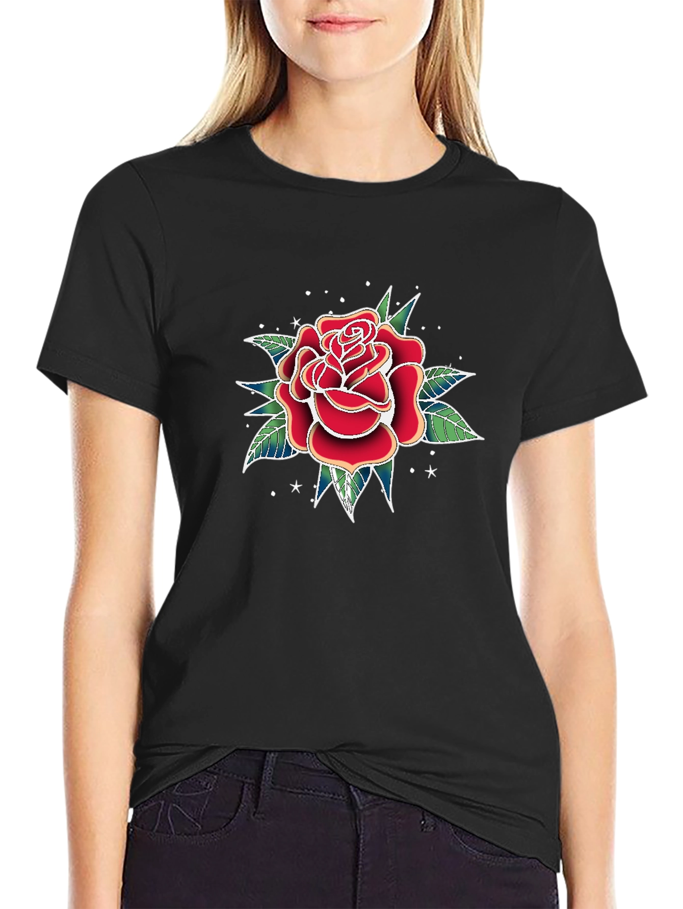 Black Classic Rose Tattoo Graphic T-Shirt view 2