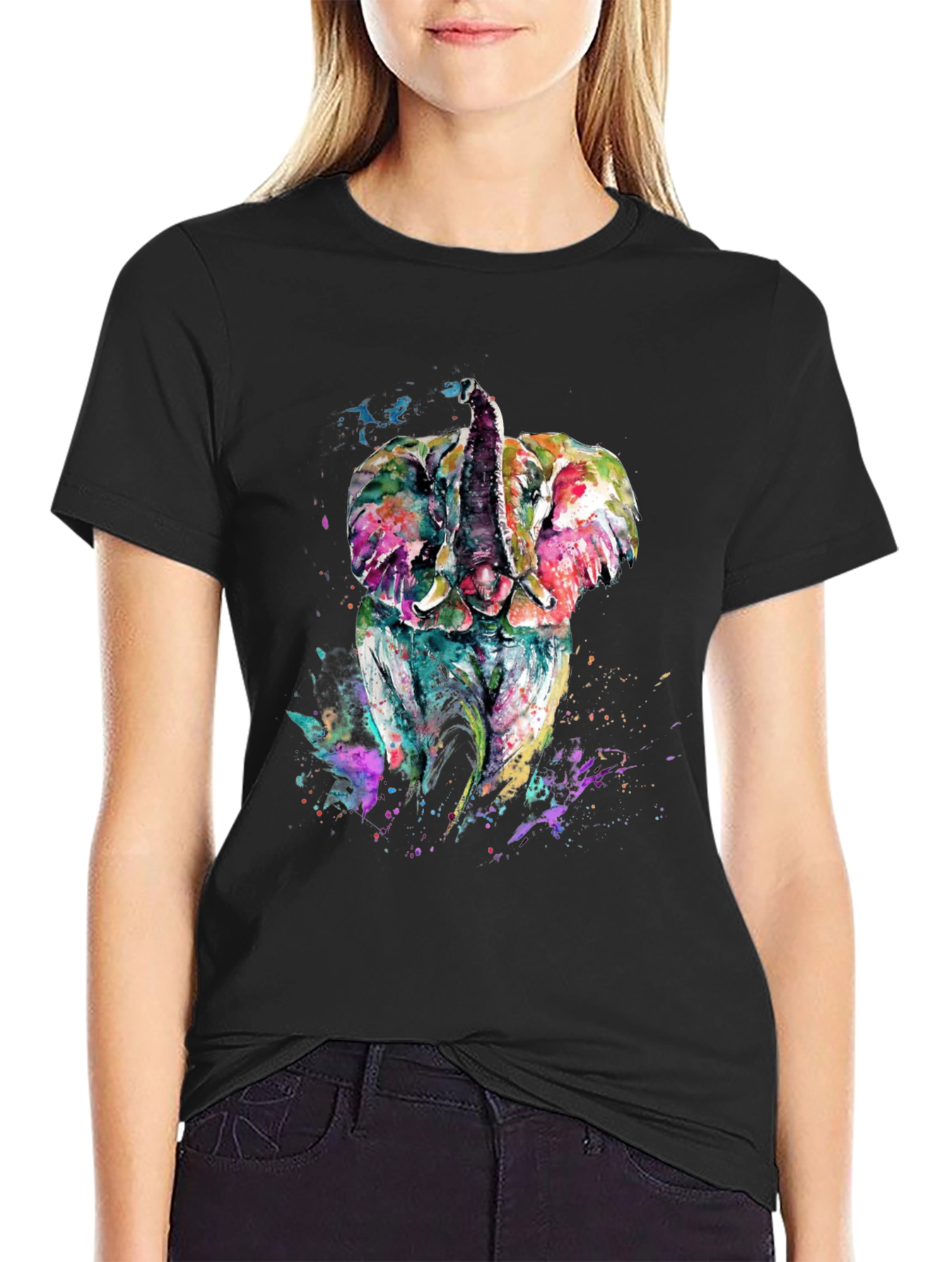 Black Elephant Watercolor Graphic Tee - Men's Black T-Shirt view 2