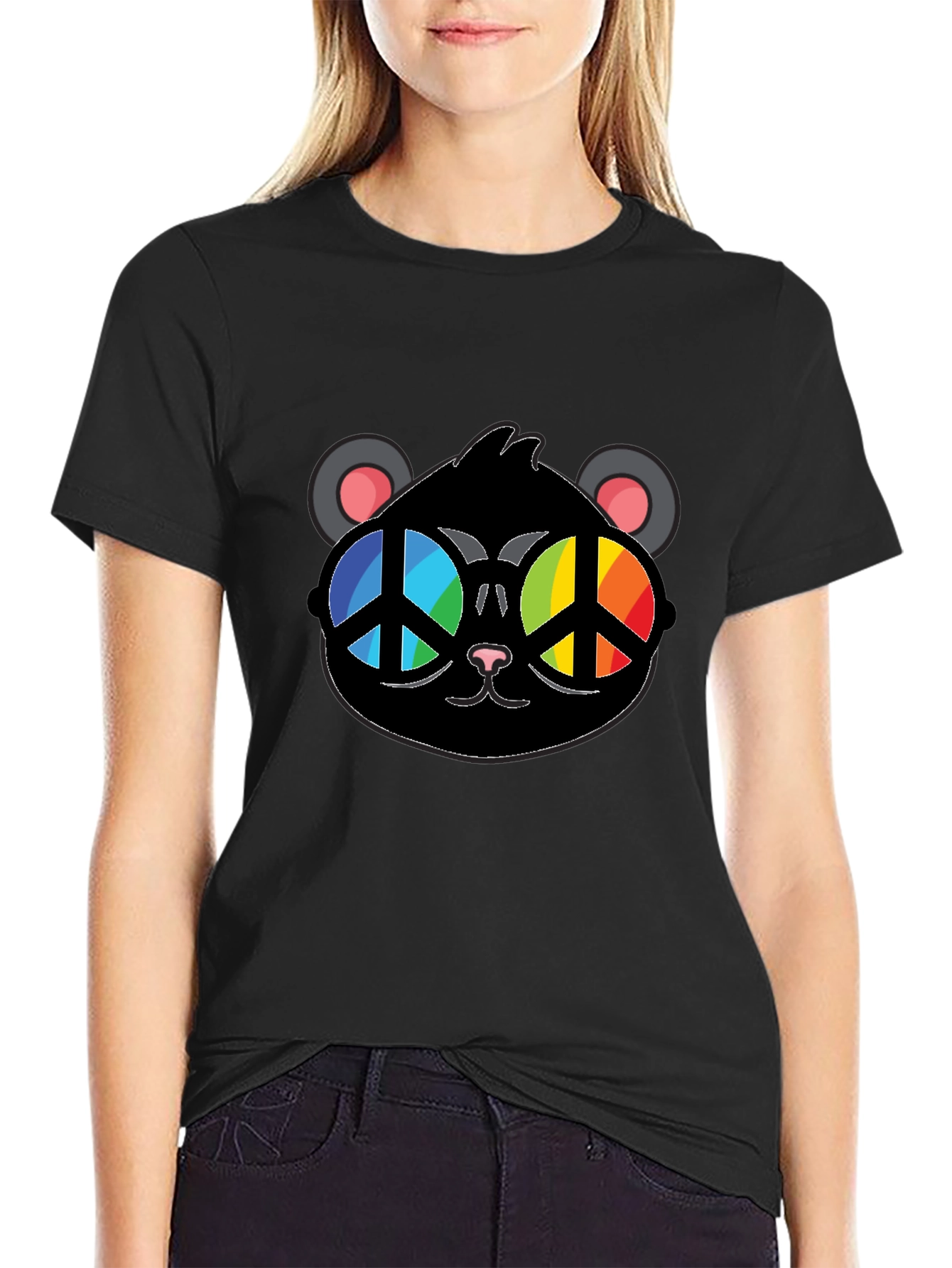Black Cool Cat Peace Sign Glasses T-Shirt view 2