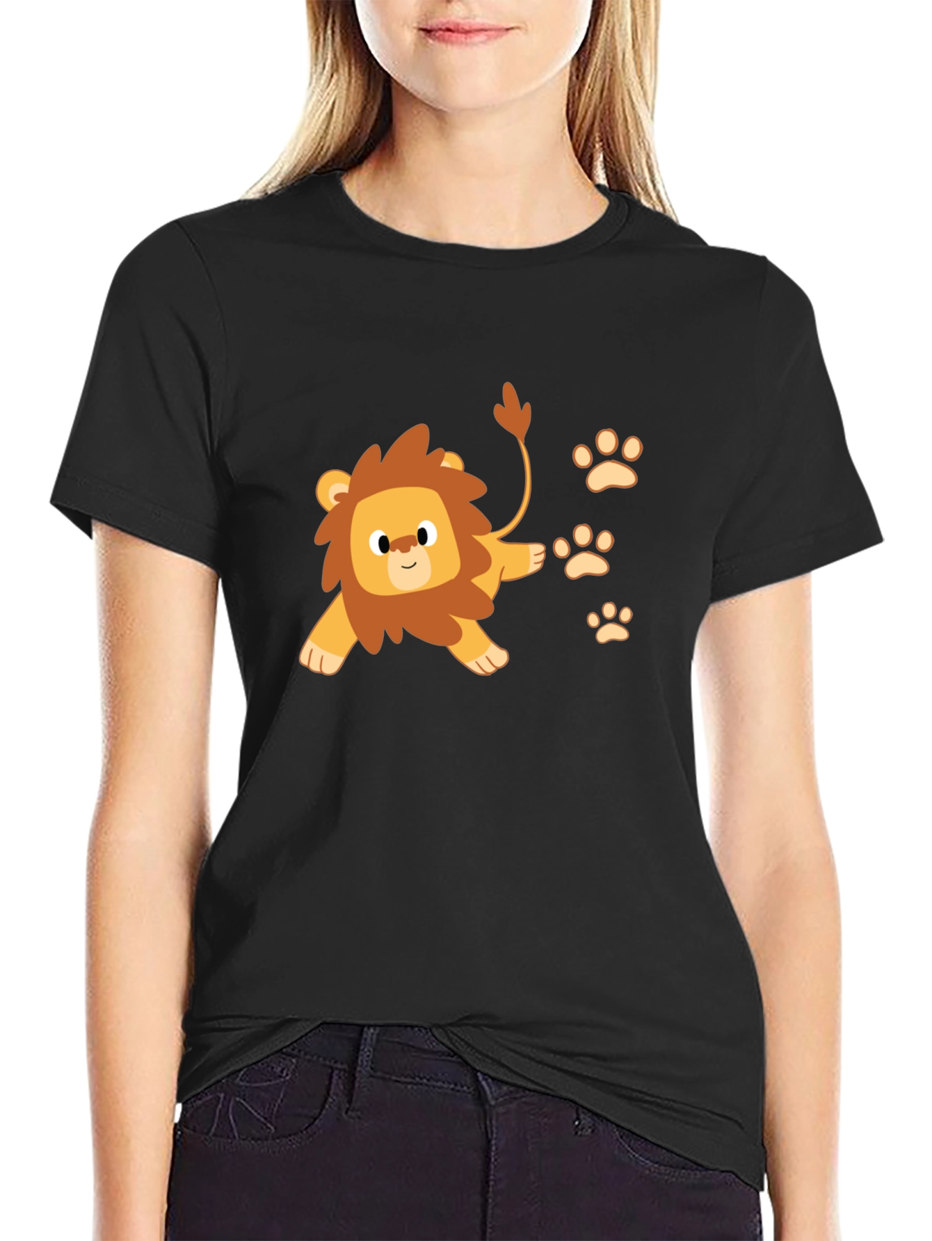 Black Cute Lion Cub Print Black T-Shirt view 2