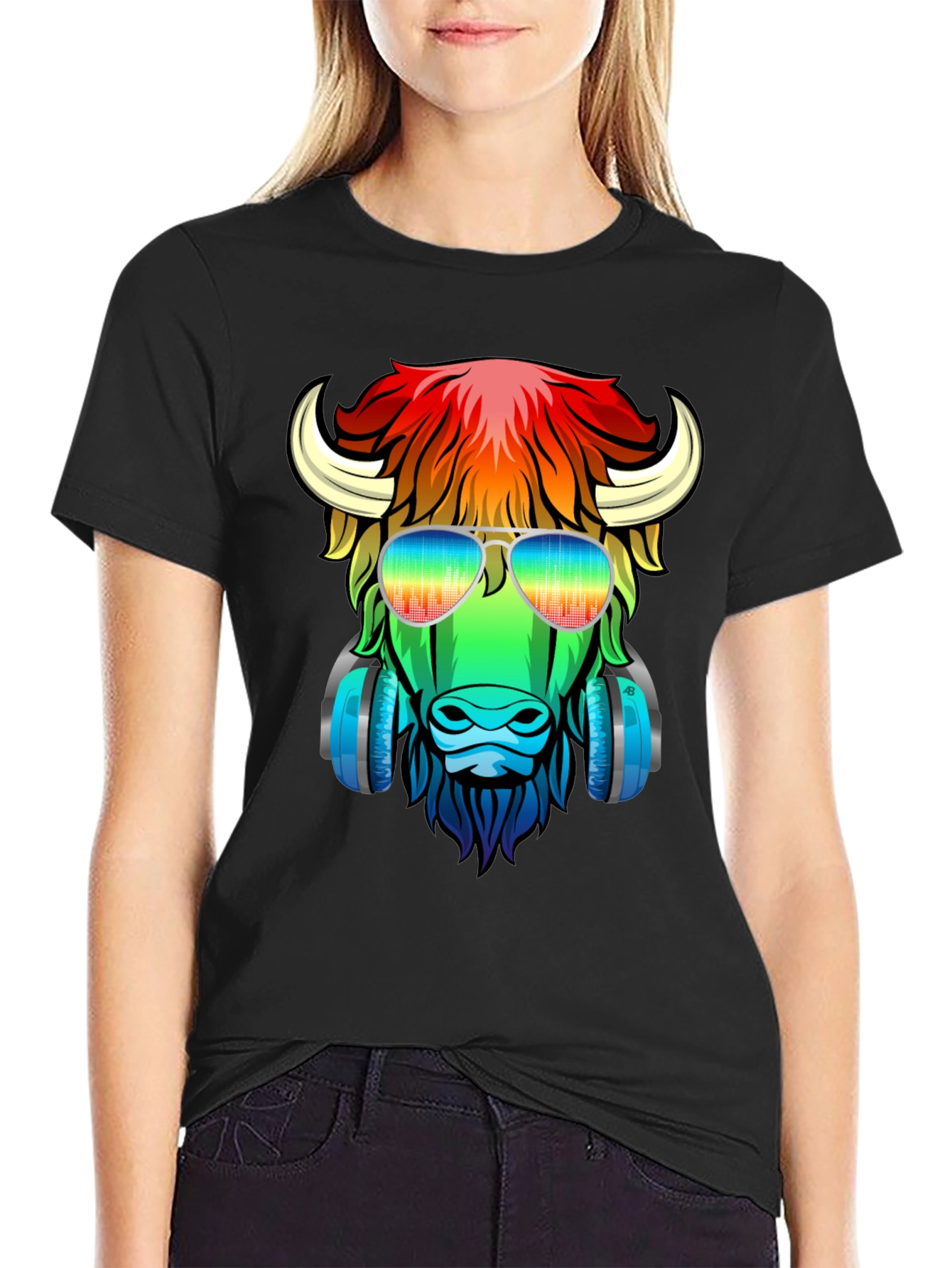 Black Cool Buffalo Graphic Tee - Colorful Animal Design view 2