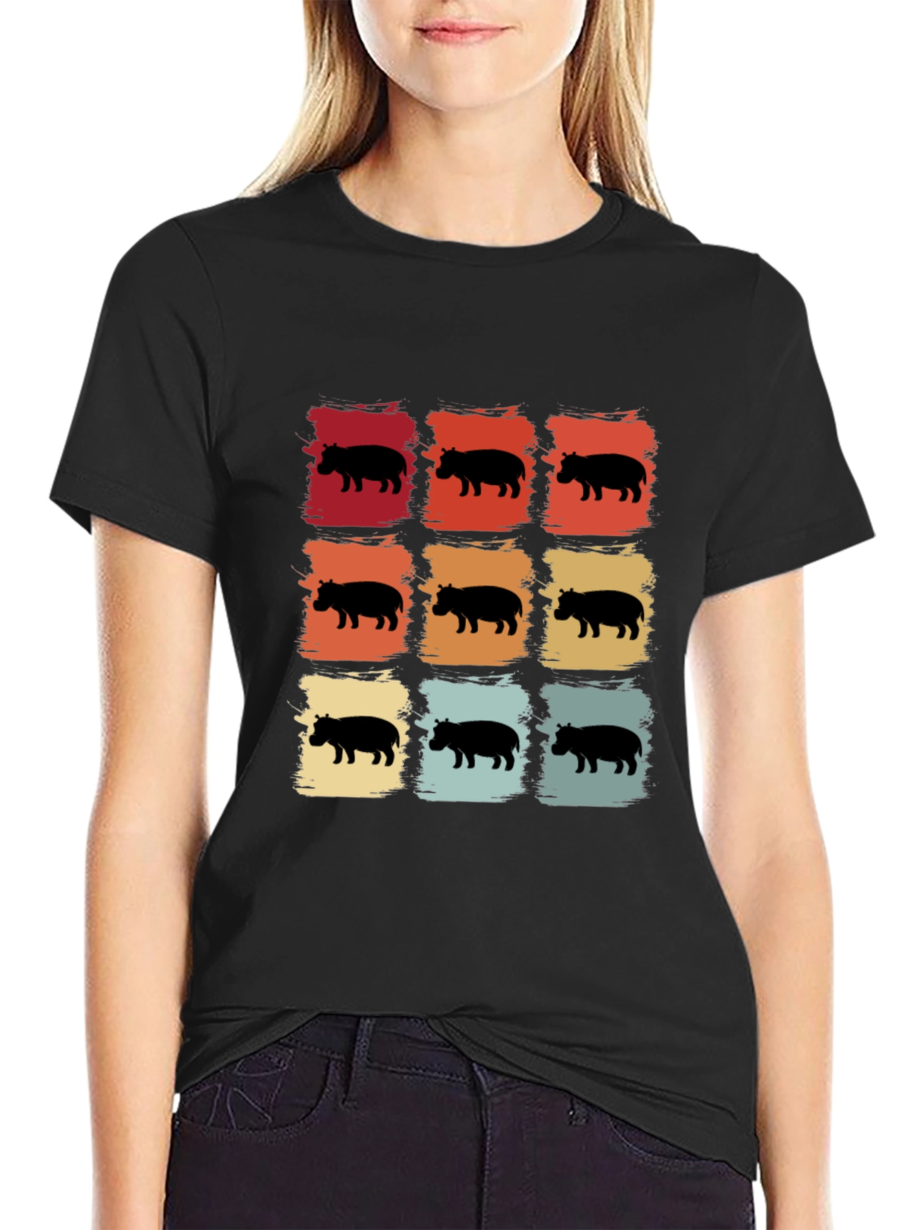 Black Retro Hippo Silhouette T-Shirt view 2