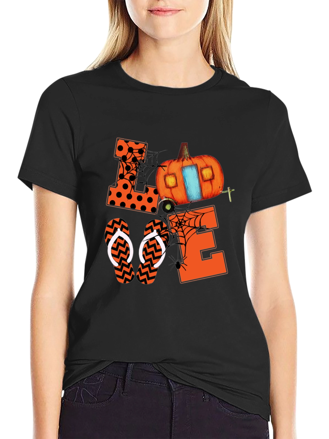 Black Halloween Love Pumpkin Camper T-Shirt view 2
