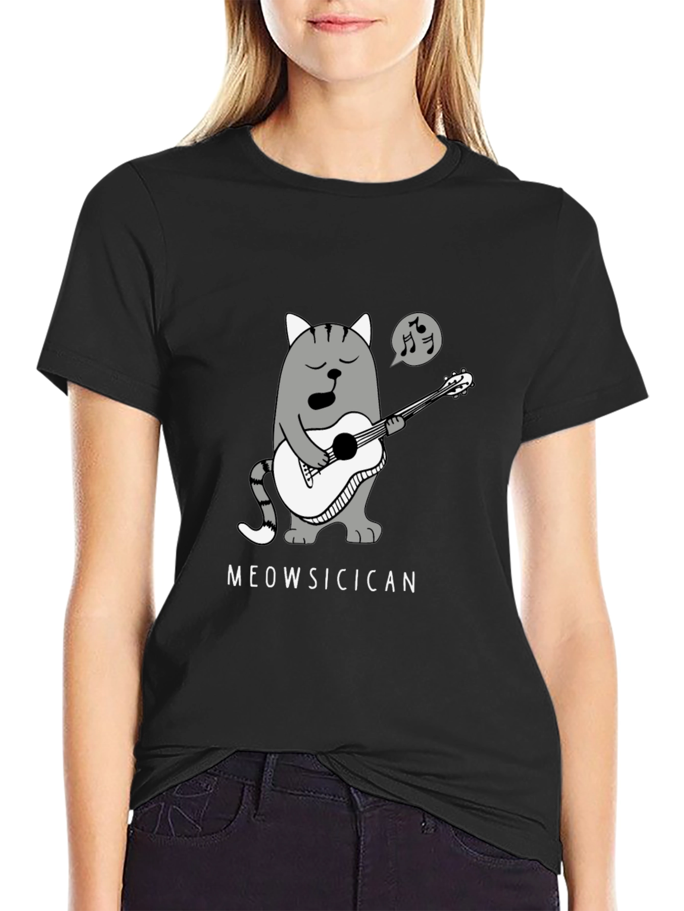 Black Meowsicican Cat Graphic T-Shirt - Black view 2