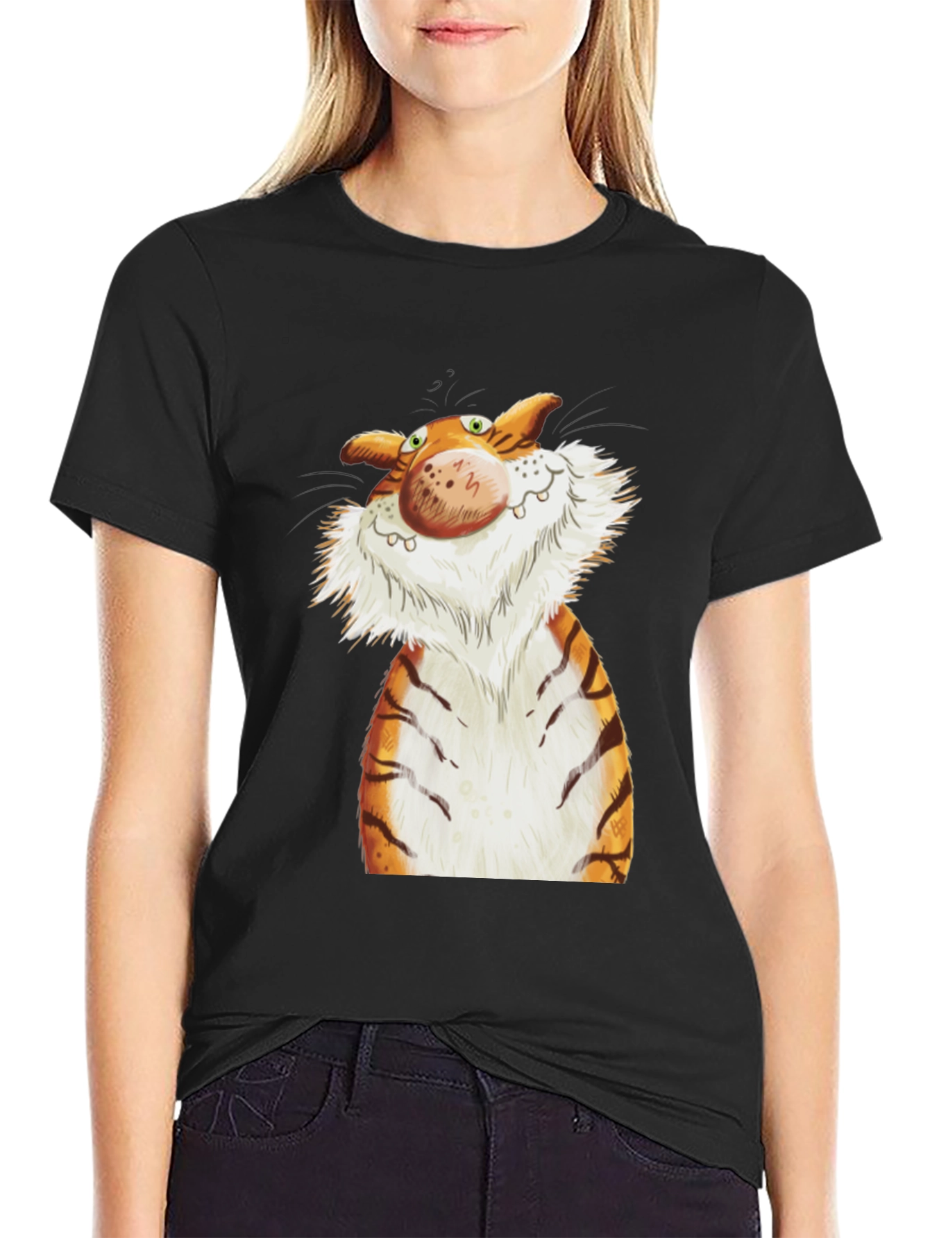 Black Cartoon Tiger Graphic Tee - Black Cotton T-Shirt view 2