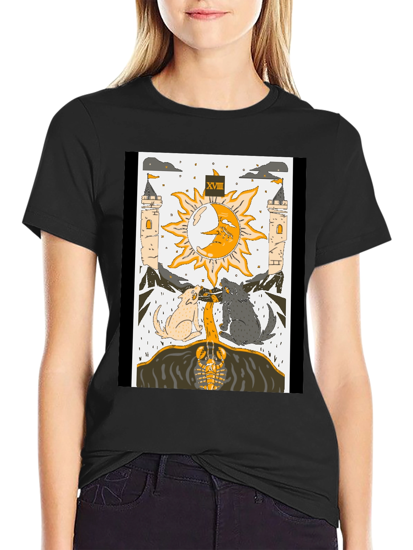 Black Moon Tarot Card T-Shirt - Lunar Wolves Design view 2